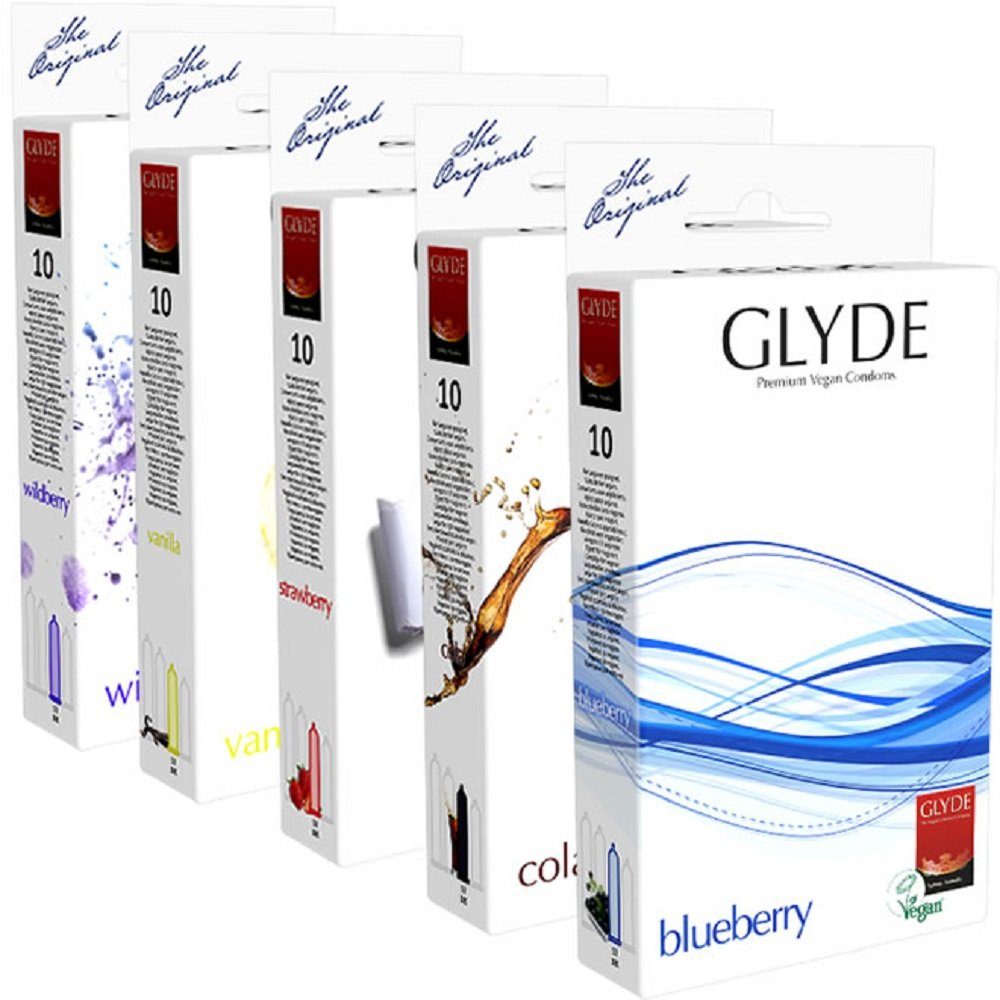 Glyde Kondome Aroma-Меню - 5 Sorten vegane Kondome mit Aroma für tierleidsfreien Genuss mit allen Sinnen, Packung mit, 50 St., für bunte Abwechslung, vegane Kondome ohne Casein, Zertifiziert mit der Veganblume, Gefühlsecht & Reißfest