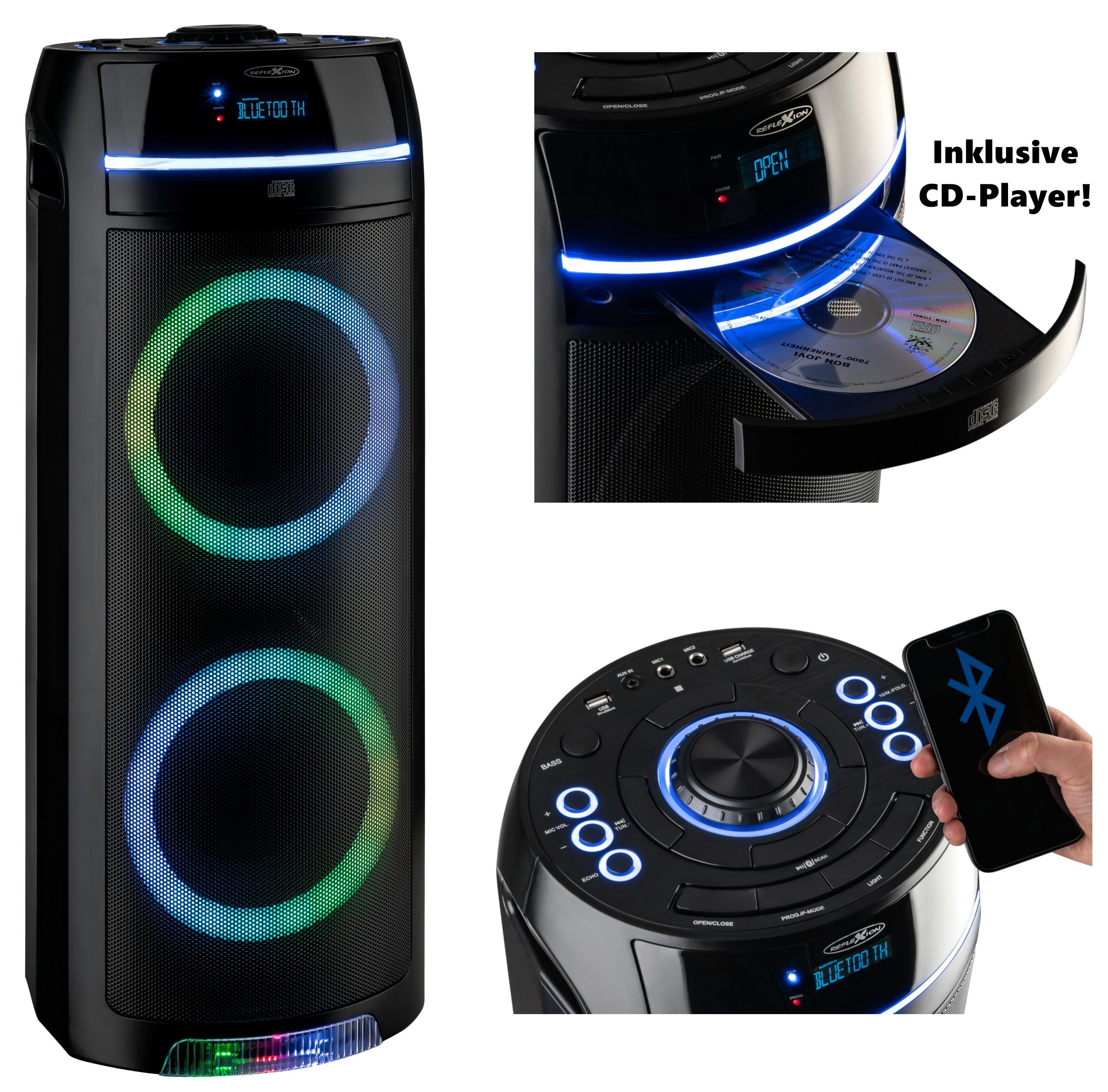 Reflexion PS10BTCD Bluetooth, MP3, CD-Player Radio, mit USB, W, Akku) (450 AUX-IN, mit Party-Lautsprecher CD