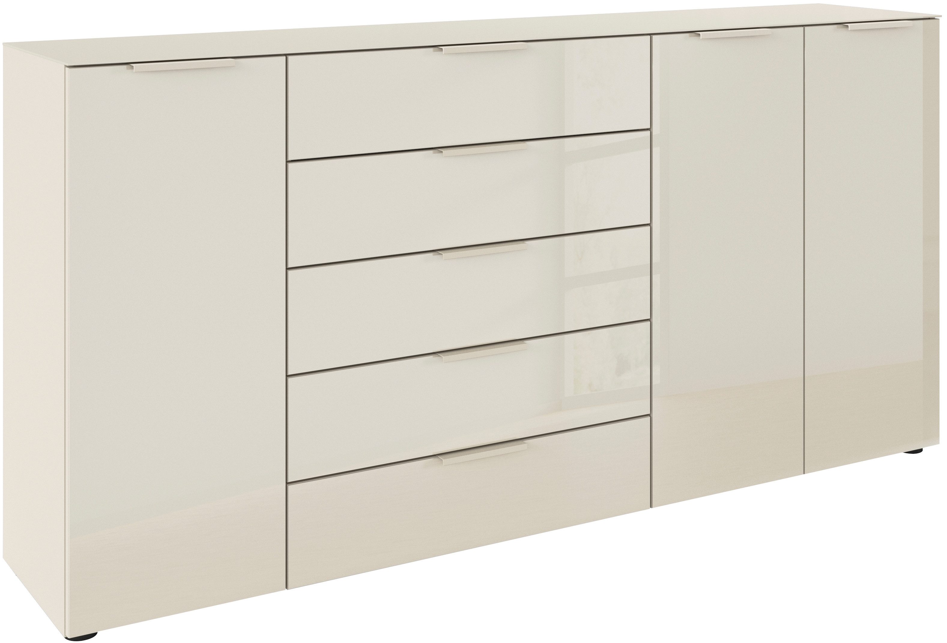 rauch Kombikommode Kommode Türkommode Sideboard Kombikommode FLIPP mit Glasfront (Breite 200 cm mit 4 Einlegeböden), 3-türig, 5 Schubladen, Soft-Close-Funktion, Oberboden und Front Glas