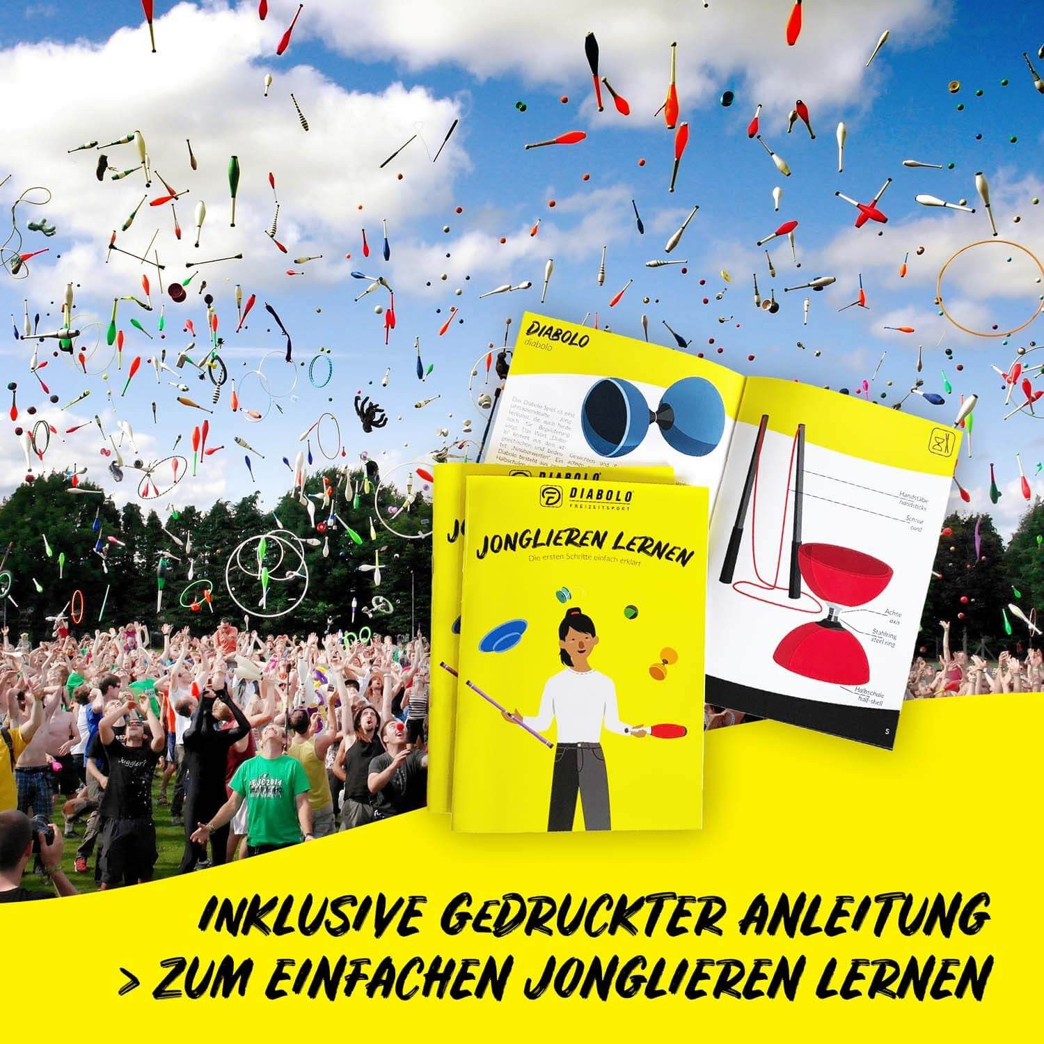 Diabolo Freizeitsport Jonglierball Set für Kinder und Erwachsene - Jonglierset (Zirkus Spielset ab 3 Jahren zum Jonglieren lernen, 11-St., Jonglierbälle Set Kinder mit Keulen, Tüchern & Teller), Juggling Kit Anfänger Erwachsene inkl. Anleitung & Tasche