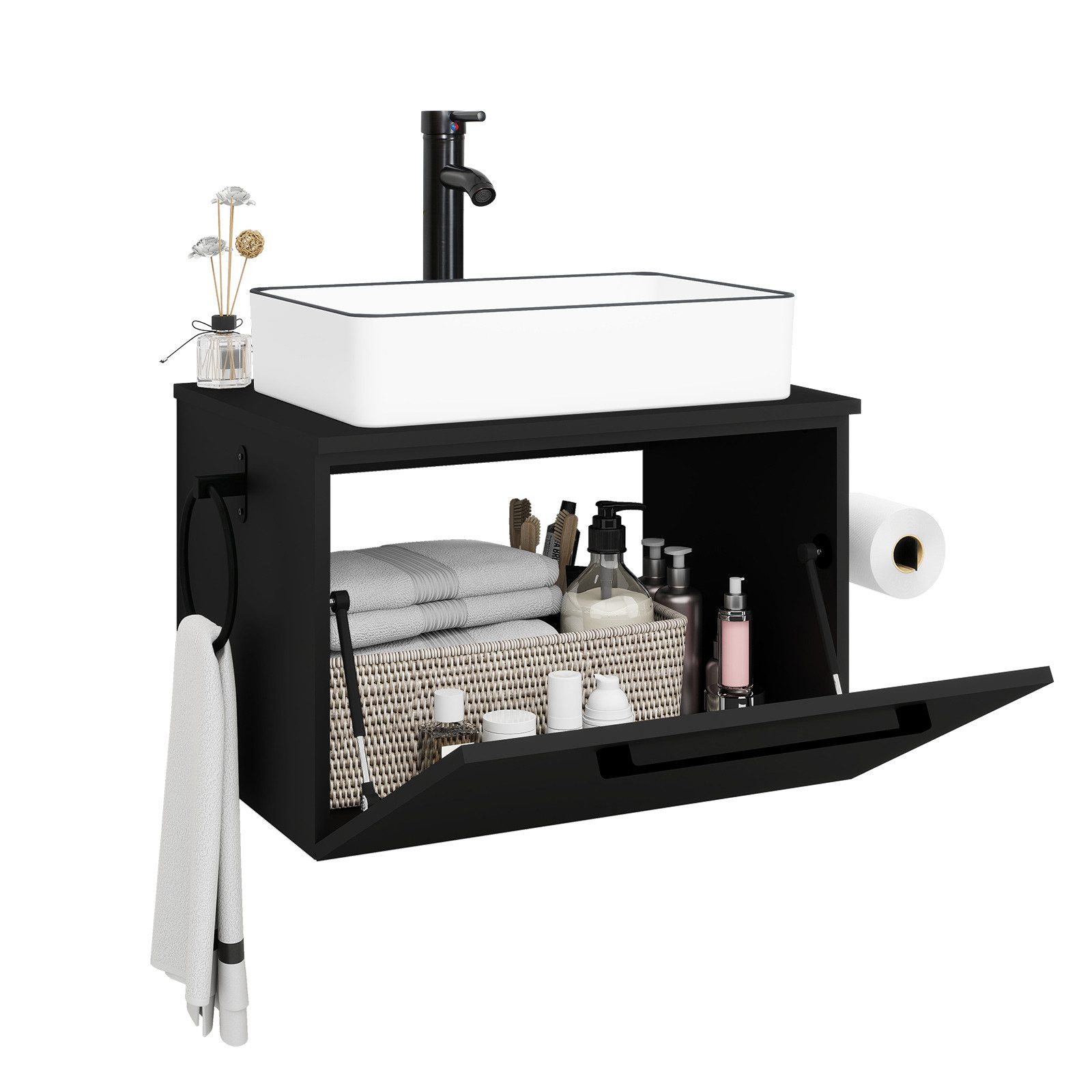 Puluomis Badezimmer-Set Waschbeckenunterschrank 60cm mit Waschbecken, (mit Handtuchring, Klopapierhalter)