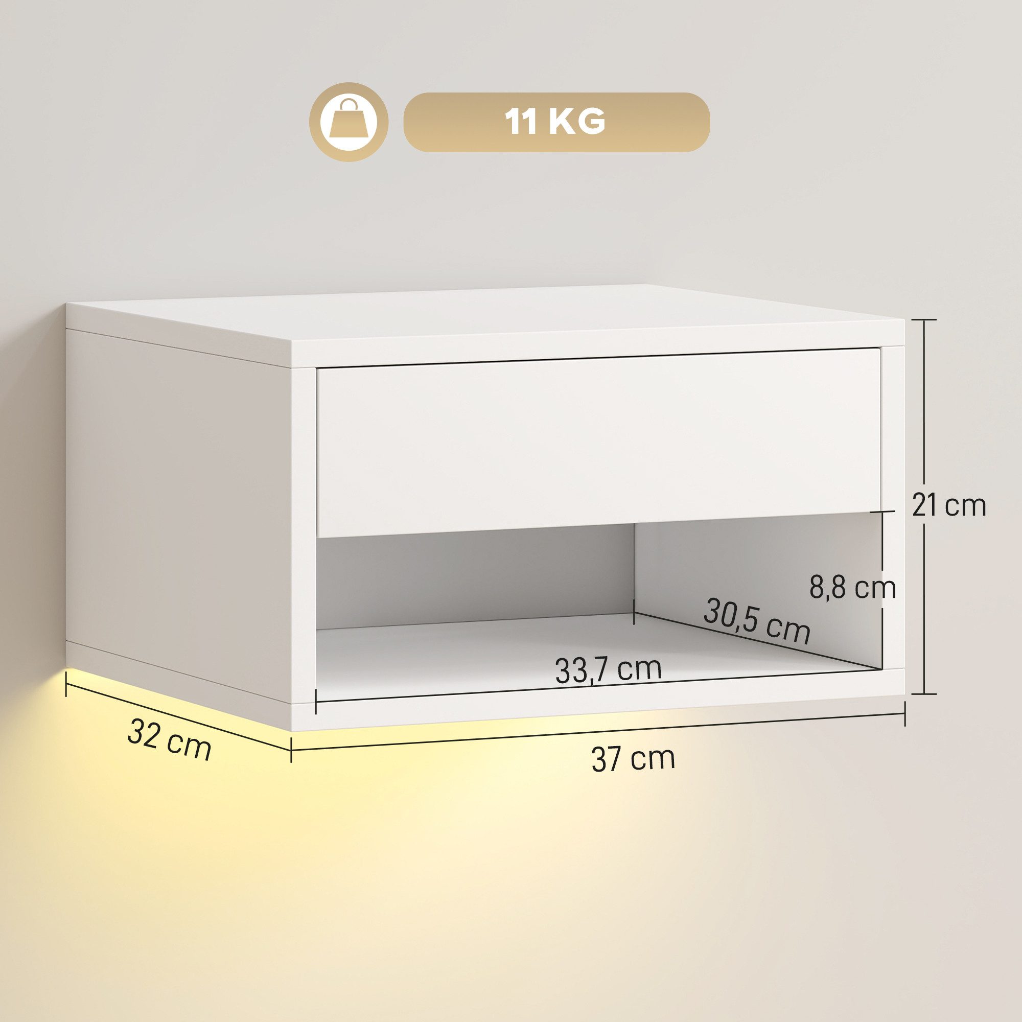 HOMCOM Nachttisch Nachtschrank mit RGB-LED-Beleuchtung, Schublade und offenem Fach (Modernes Schwebendes Wandregal, 2-St., mit App-Steuerung), für Schlafzimmer, Weiß