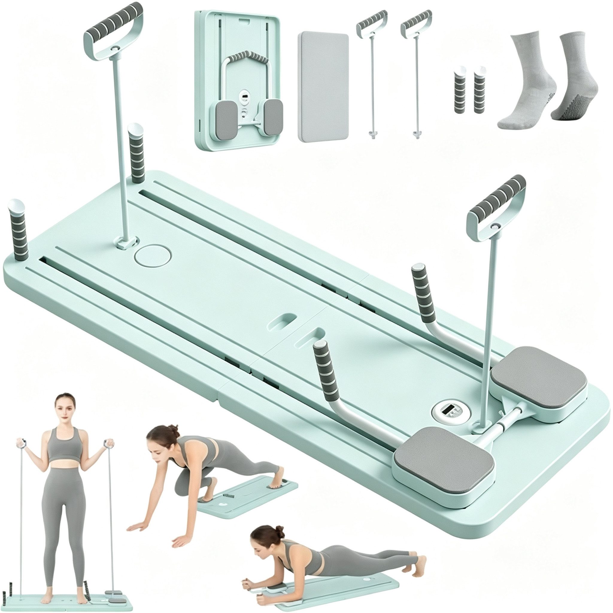 BAYMATE Pilates-Reformer Pilates Trainer, Push-Up-Bauchmuskel-Roller, (6-tlg., mit Timer, 6-in-1, mit kostenlosen Geschenk 1 Paar Socken), multifunktionales Bauchmuskelbrett für Zuhause und im Fitnessstudio