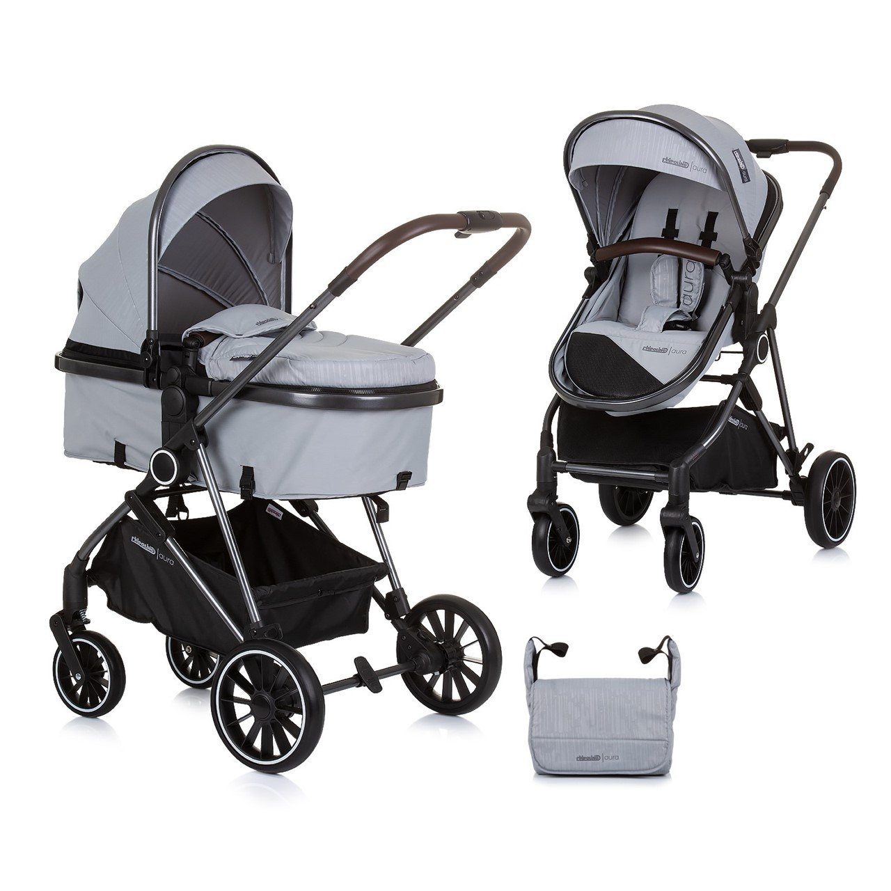 Chipolino Kombi-Kinderwagen Kinderwagen Aura 2 in 1, umbaubar Wickeltasche Sitz umkehrbar bis 22 kg