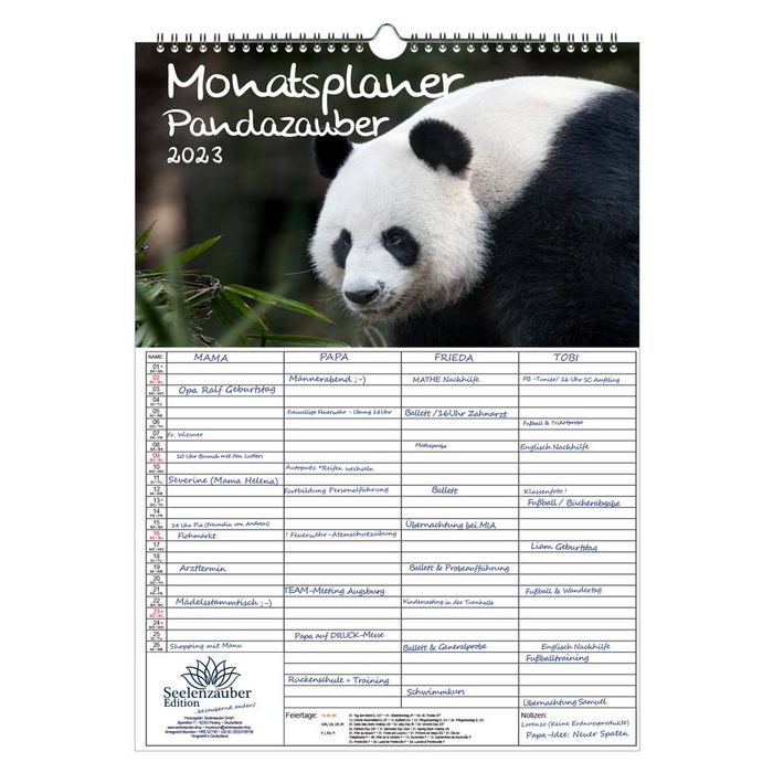 Seelenzauber Wandkalender Wandplaner Familienplaner 4 Spalten - Pandazauber DIN A3 Kalender für