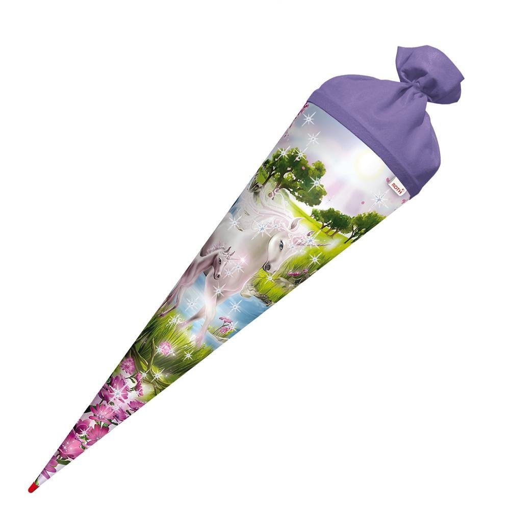 Roth Schultüte Einhorn mit Fohlen mit Glitter, 70 cm, rund, mit lilafarbigem Filzverschluss, Rot(h)-Spitze