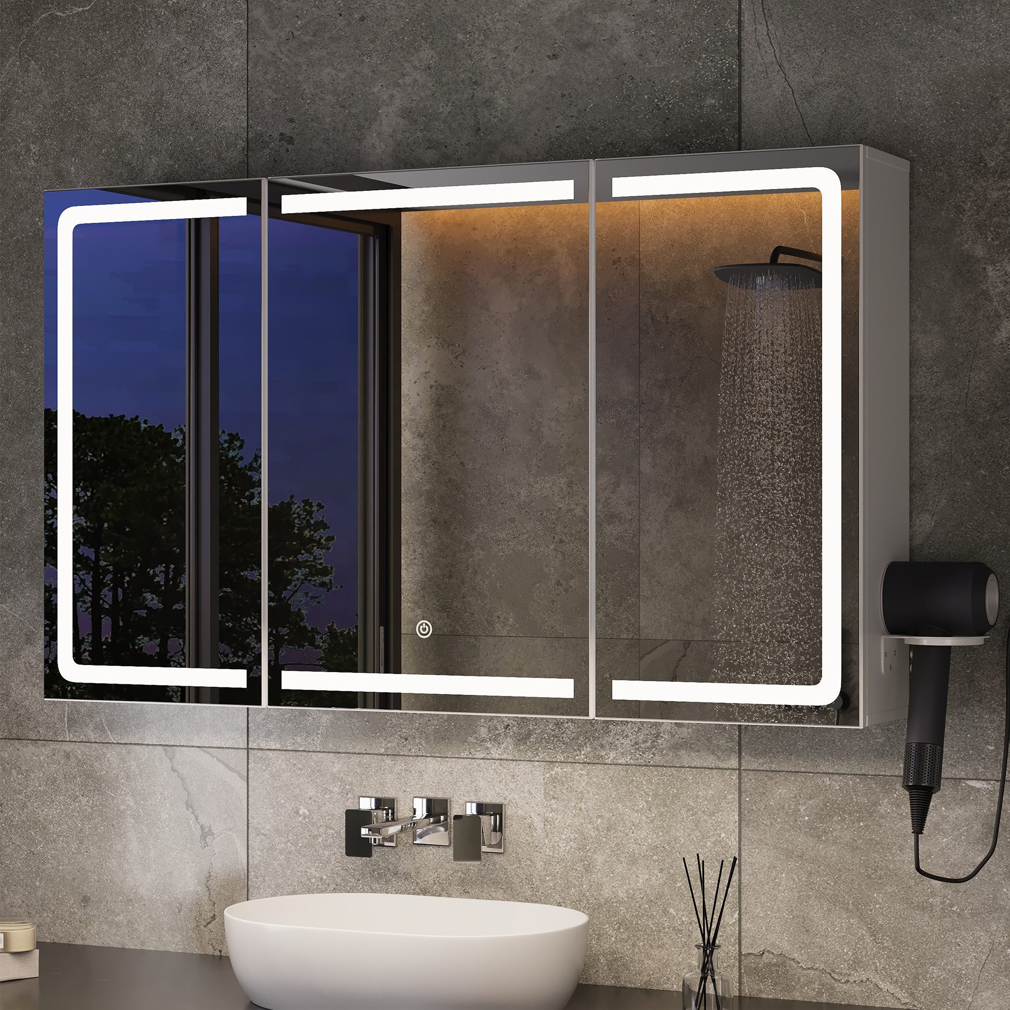 Bealife Spiegelschrank Badezimmerschrank mit LED-Beleuchtung, B:80/100CM mit Haartrockner-Halter