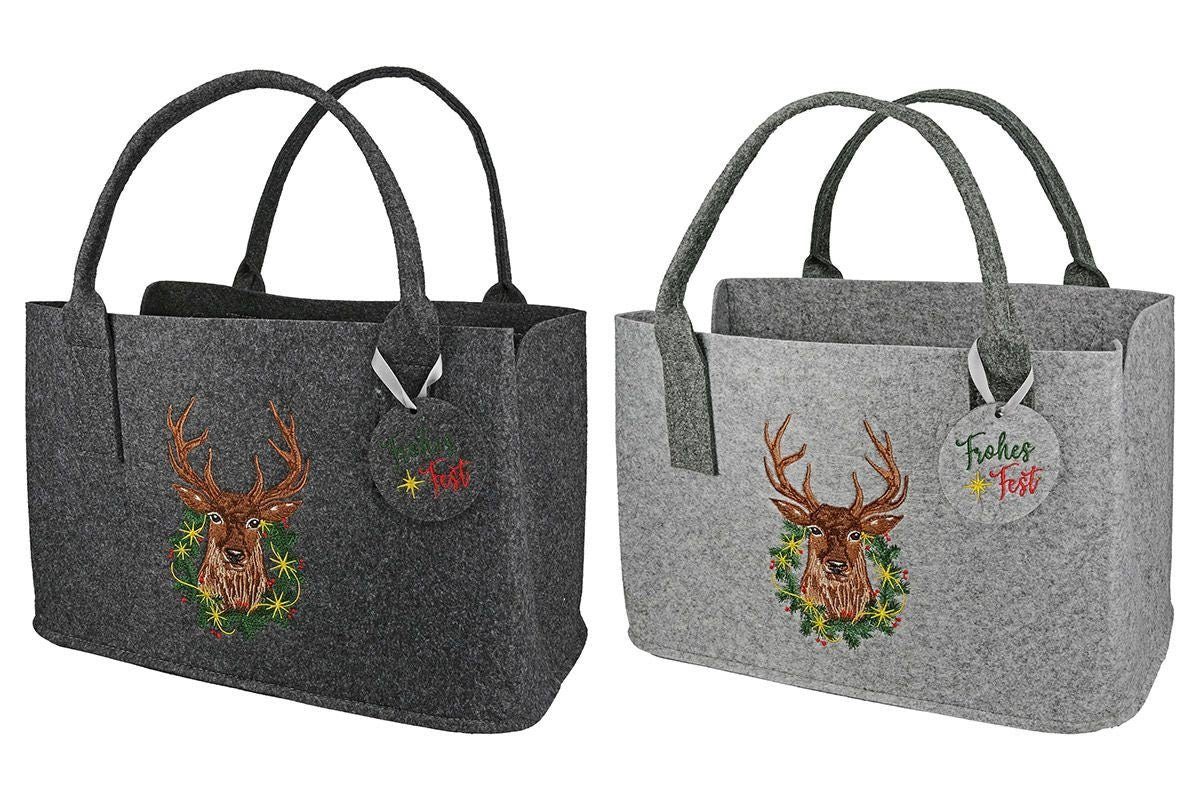 Dekoobjekt Filztasche in Dunkelgrau oder Grau HIRSCH Frohes Fest Tragetasche