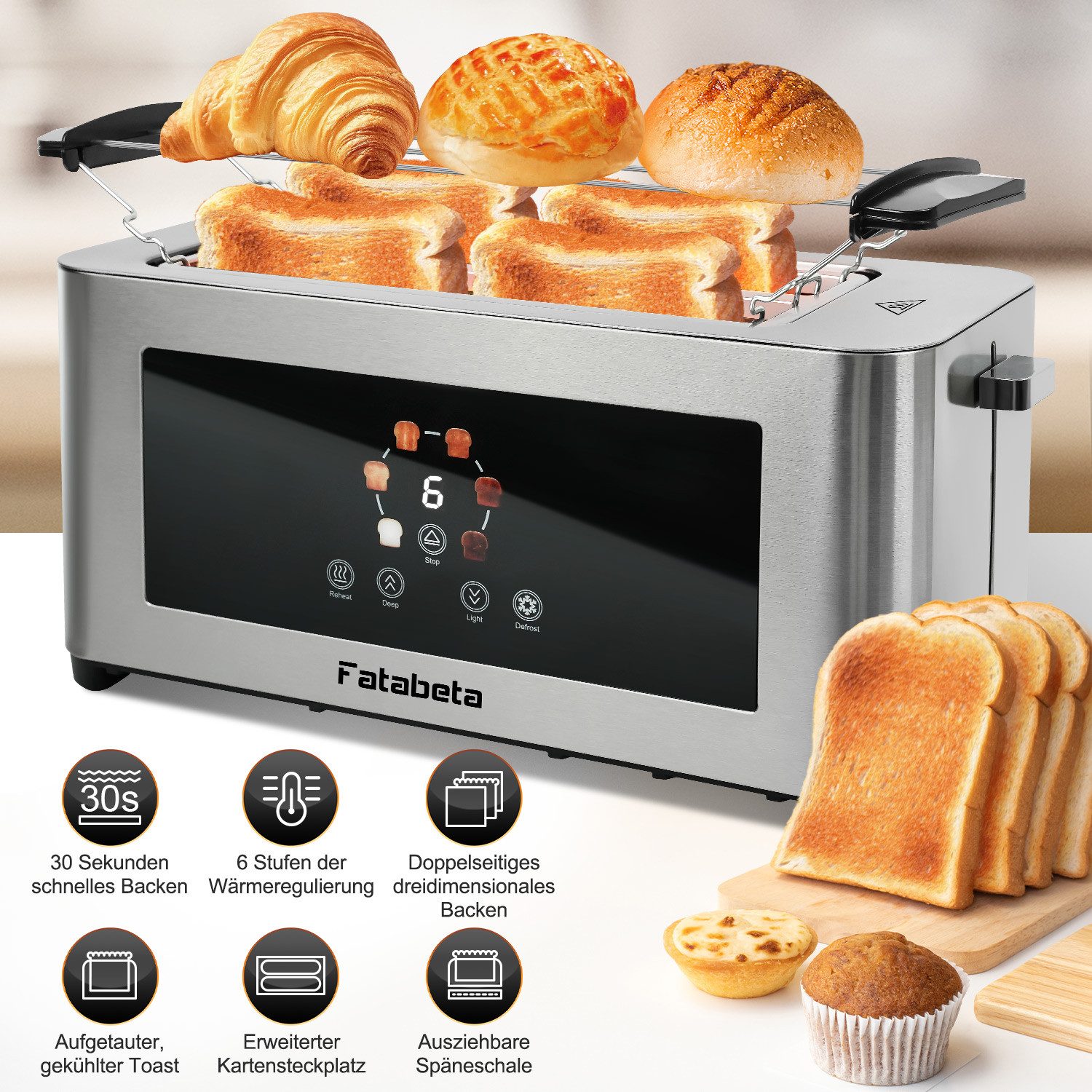 FATABETA Toaster Toaster 4 Scheiben, Doppel-Langschlitztoaster, mit Brötchenaufsatz, 2 lange Schlitze, für 4 Scheiben, 1400 W, LED-Display, Touchscreen, 6 Stufen, Auftauen & Aufwärmen, Edelstahl