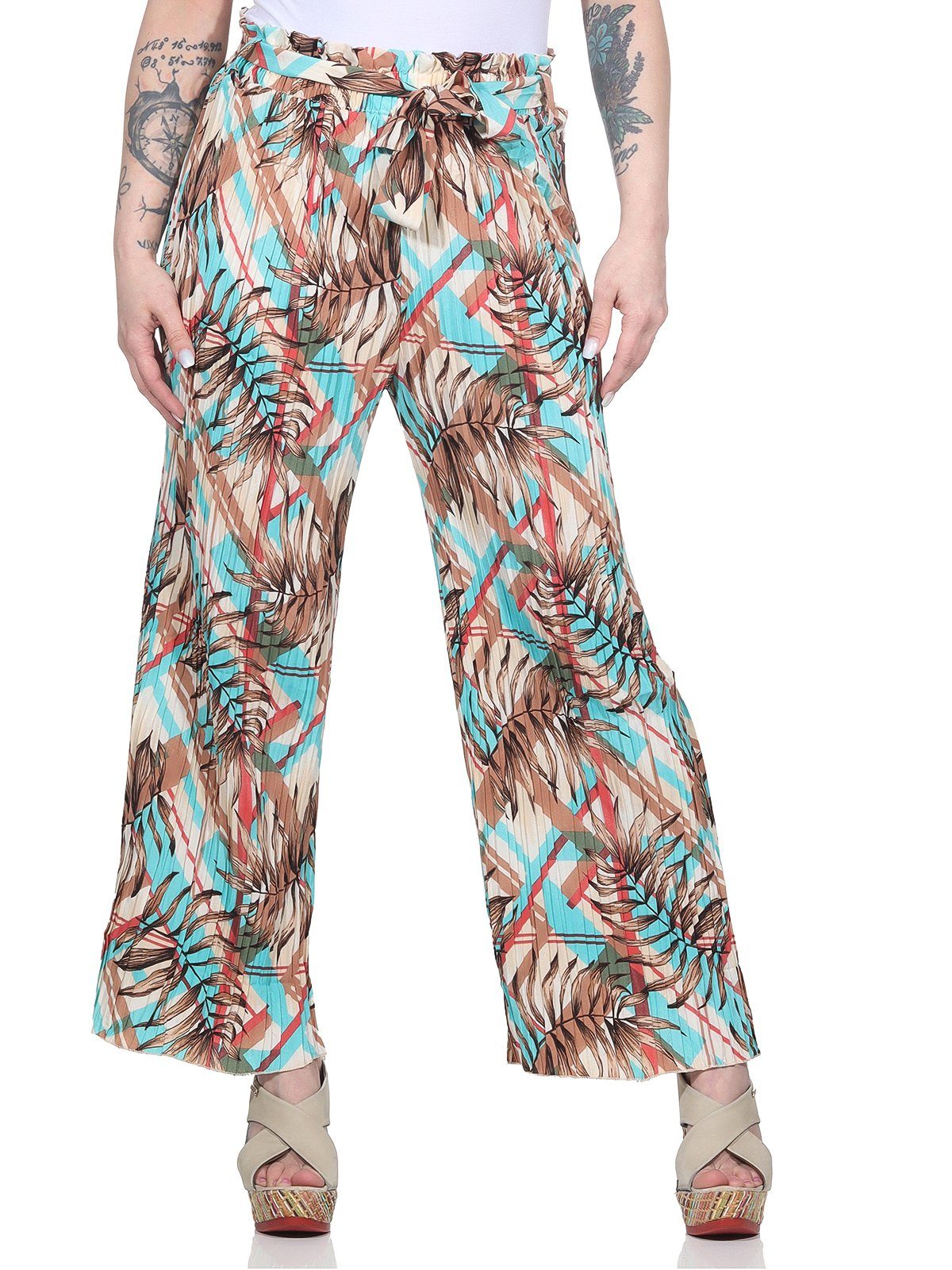 Aurela Damenmode Palazzohose Sommerhosen für Damen moderne Plisseehose für warme Tage mit elastischem Bund