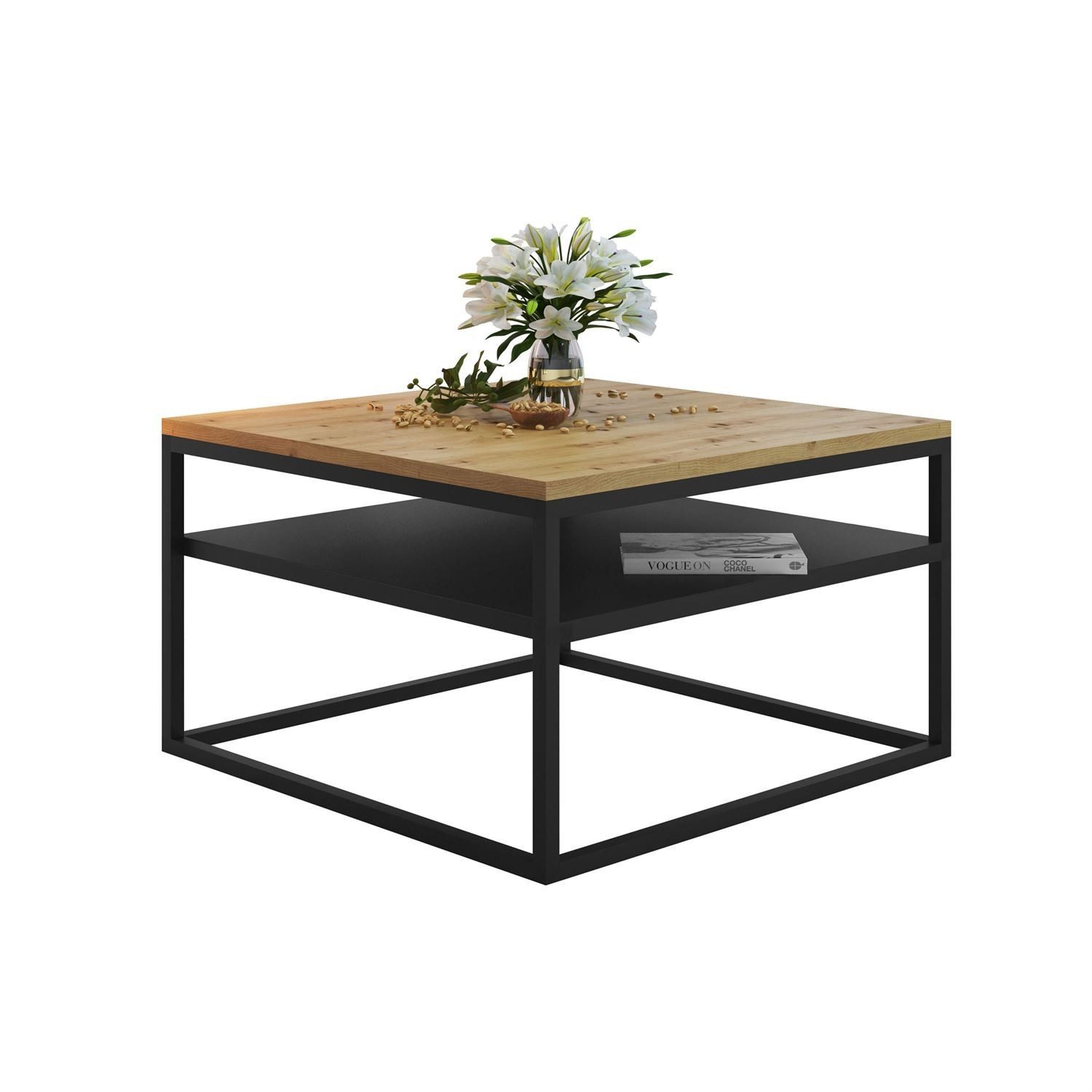 Lookway Couchtisch NOVA LOFT mit Ablage auf schwarzem Gestell (1x Tisch), Breite: 68,5 cm, Höhe: 48 cm, Tiefe: 68,5 cm