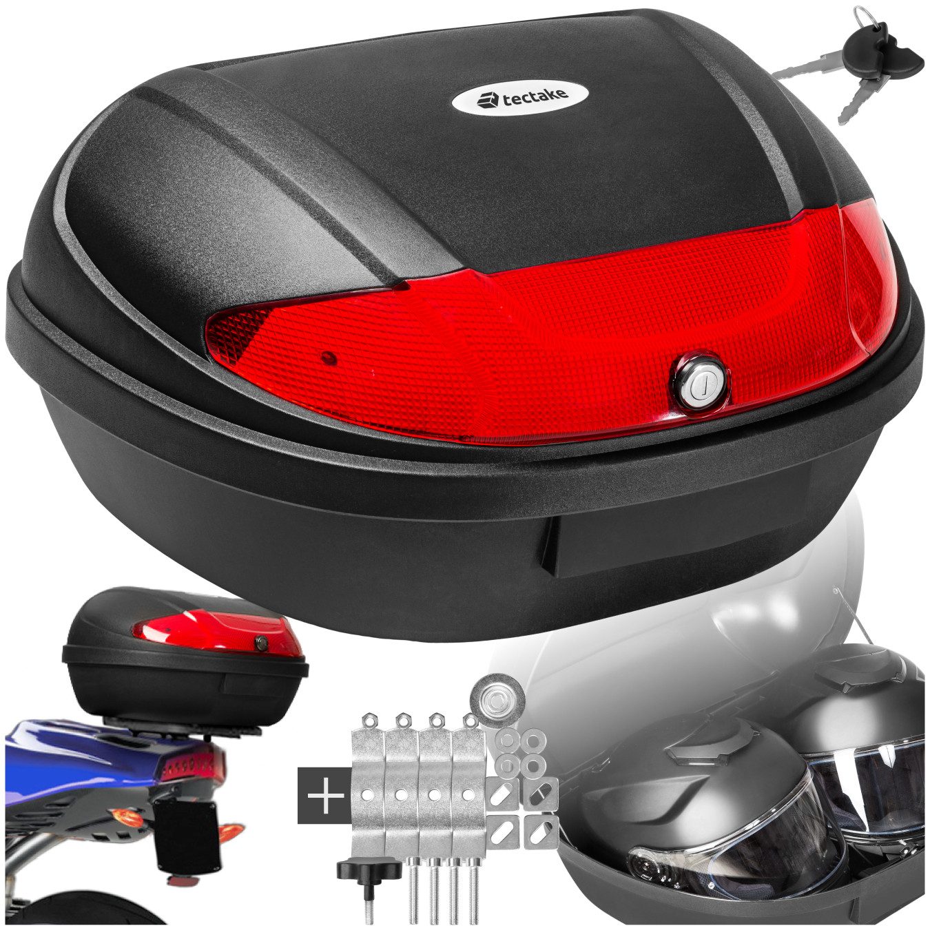 tectake Topcase Motorradkoffer mit Sicherheitsschloss, kleiner und großer Reflektor, (Roller Koffer Matze, in schwarz), Volumen 48 l, Platz für 2 Helme, robust und spritzwassergeschützt