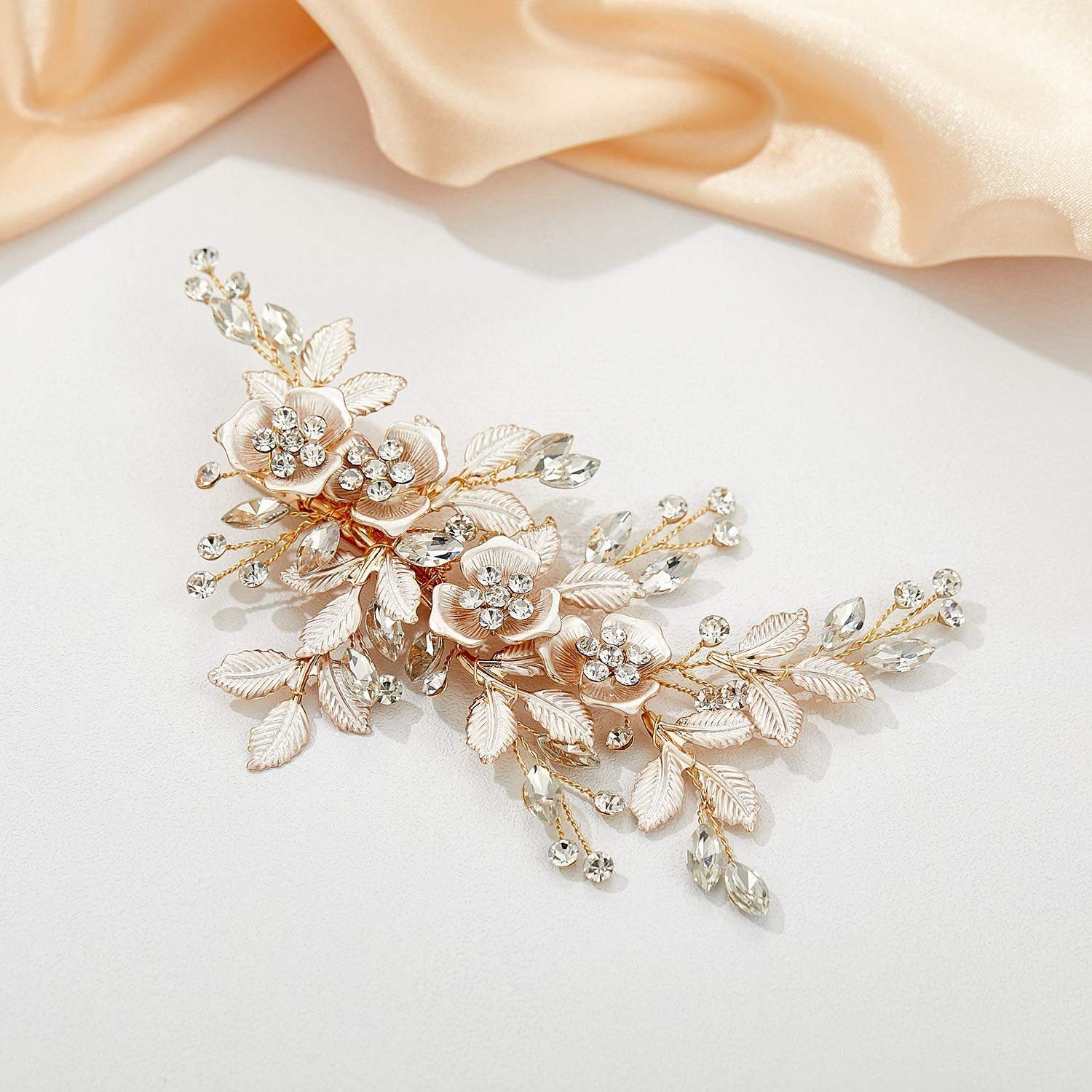 Scheiffy Diadem Kristall-Braut-Haarspange, Blumen-Blatt-Tiara (KC Gold)