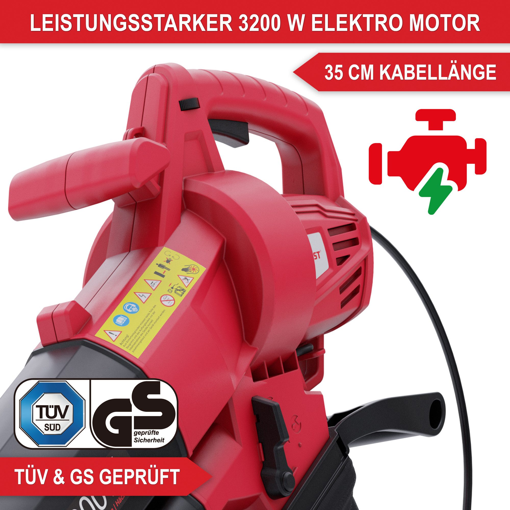Onbest Elektro-Laubbläser LV3245 3in1 Laubsauger Laubhäcksler, 10:1 Mulchen, 45L Fangsack, 3200W
