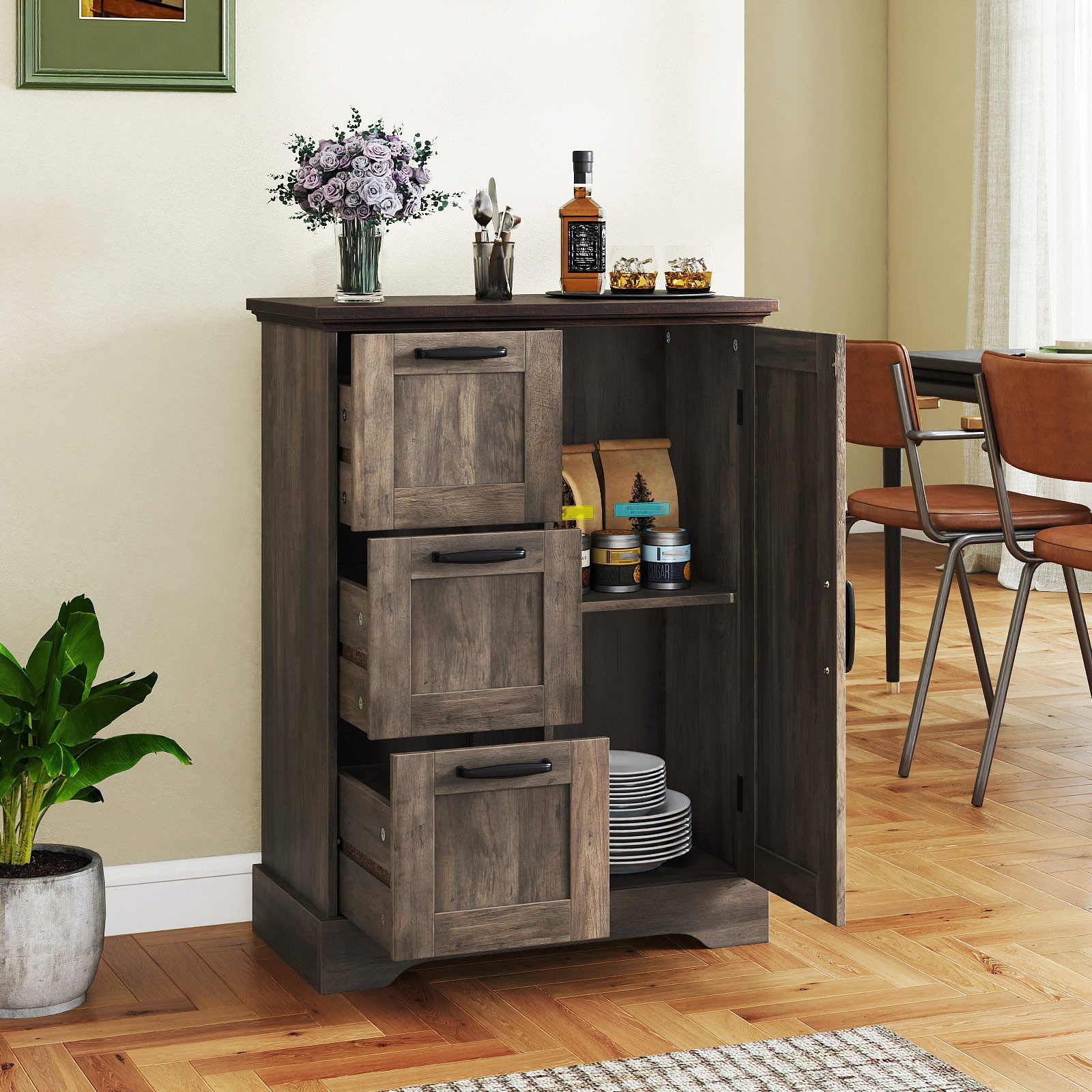 KOMFOTTEU Sideboard, Badezimmerschrank mit Scheunentür, 2 Ablagen & 3 Schubladen