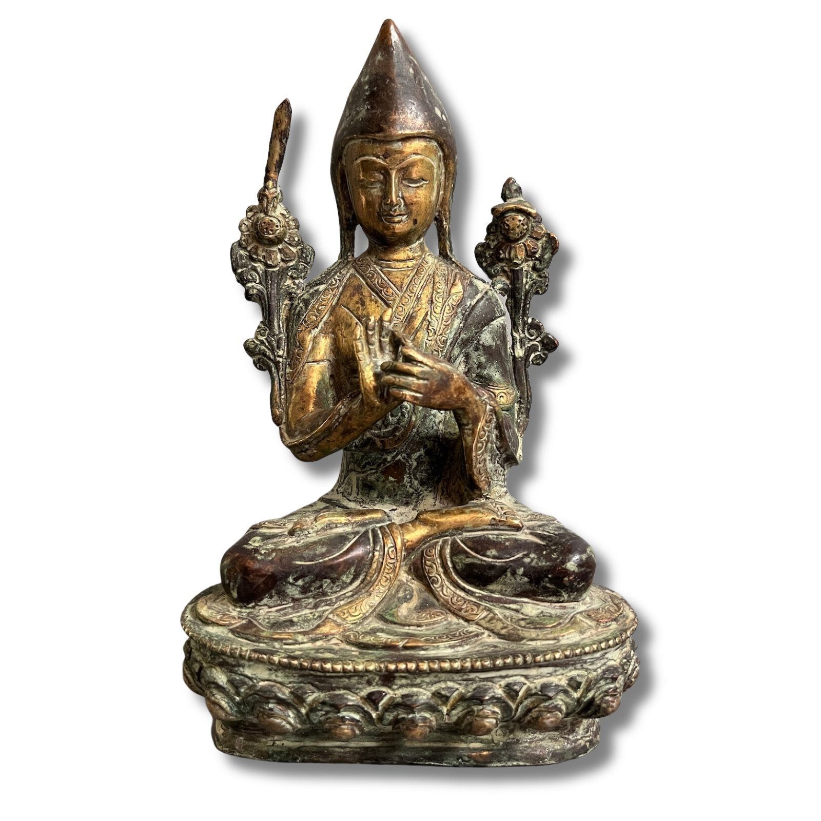 Asien LifeStyle Buddhafigur Tsongkhapa Figur Bronze Tibet vergoldeter Mönch