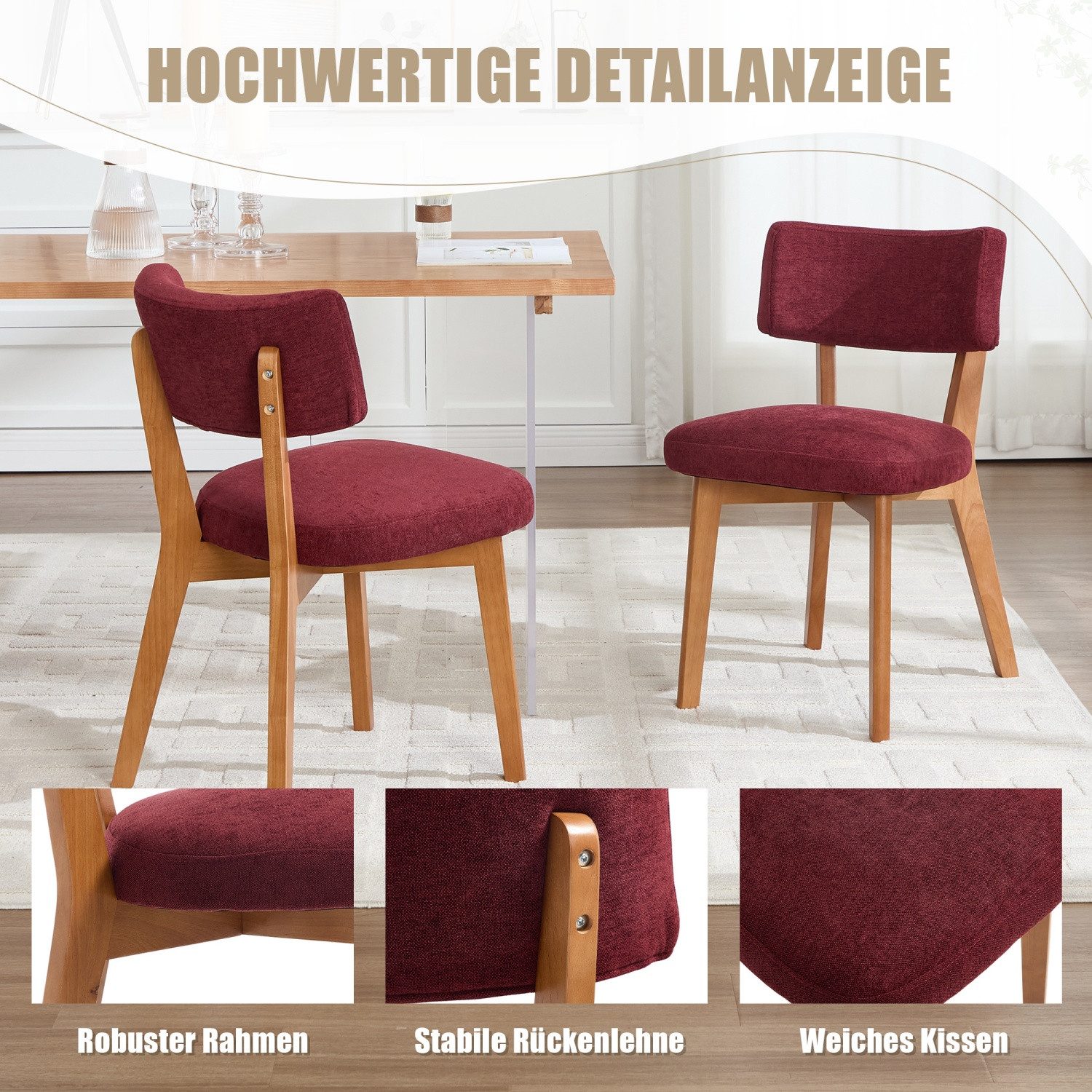 ANYSUN Esszimmerstuhl 2er Set mit gepolstertem Sitz & Holzbeinen., 77cm hoch, mit gepolsterter Rückenlehne, bis 200 kg belastbar – Bild 2 von 5