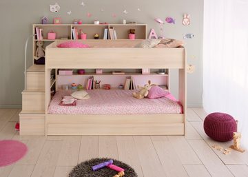 Faizee Möbel Etagenbett Bett Bibop 11 +Leiterpodest+Regalwand+Bettkasten+2Lattenrostplatten (5-St)