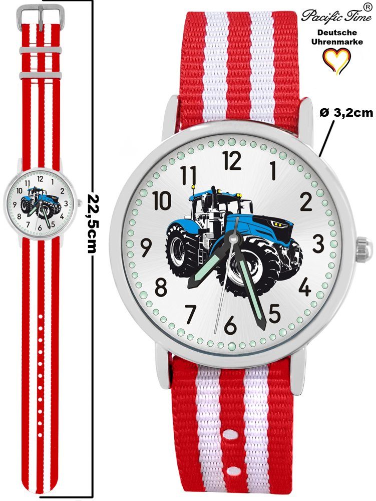 Pacific Time Quarzuhr Kinder blau Mix - Armbanduhr rot gestreift weiß Gratis Traktor Design Versand Wechselarmband, Match und