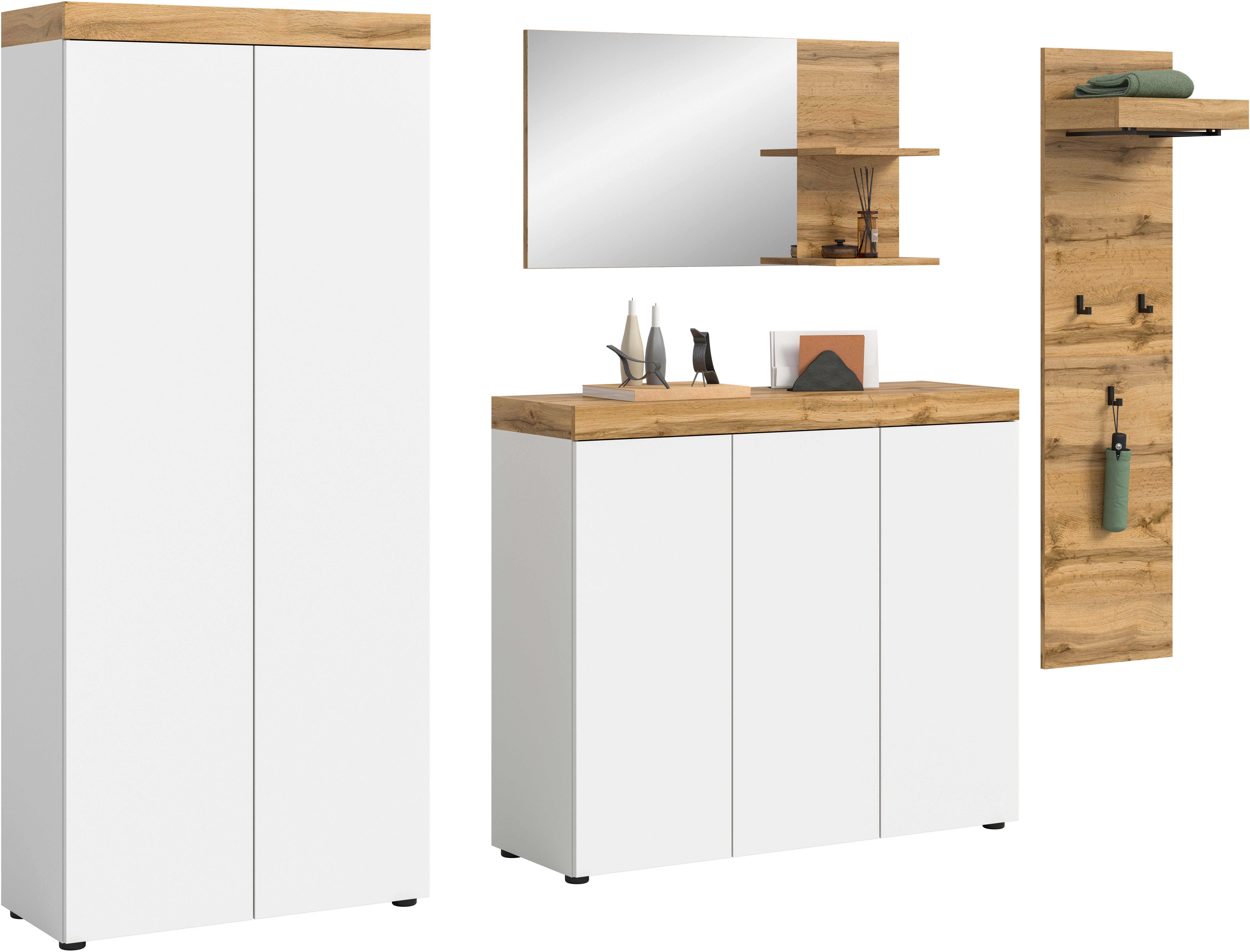 OTTO home Garderoben-Set MAMBO, TOPSELLER!, 4-teilige Kombination, stehend & hängend montierbar, (4-St., bestehend aus: Garderobenschrank, Kommode, Spiegel, Garderobenpaneel), Garderoben-Kombi, Garderobe, Flur, Diele