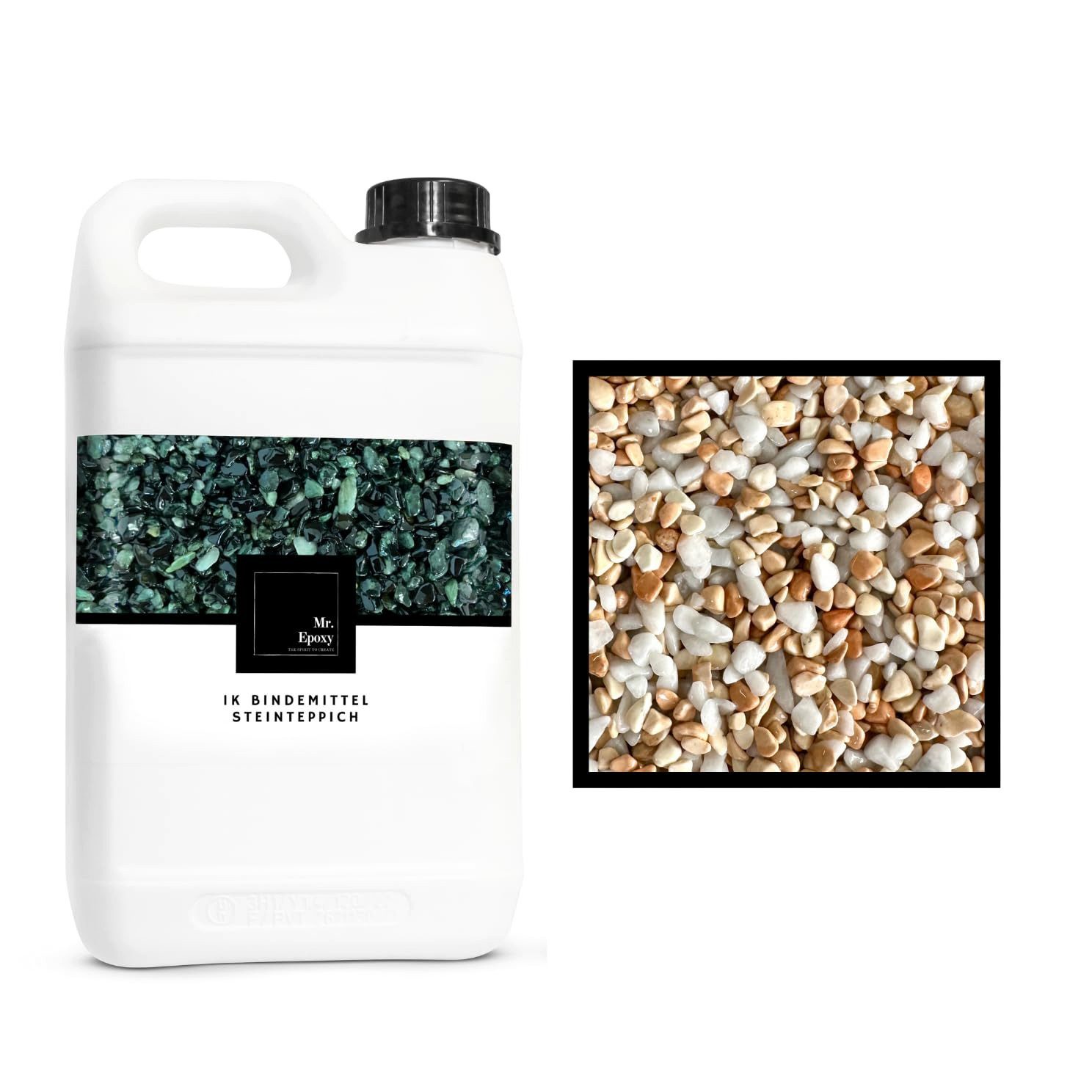 Mr. Epoxy Bodenversiegelung Steinteppich Komplettset, (25 kg Kieselsteine + 1,3 kg Bindemittel) - Buntsteinputz Bodenbelag