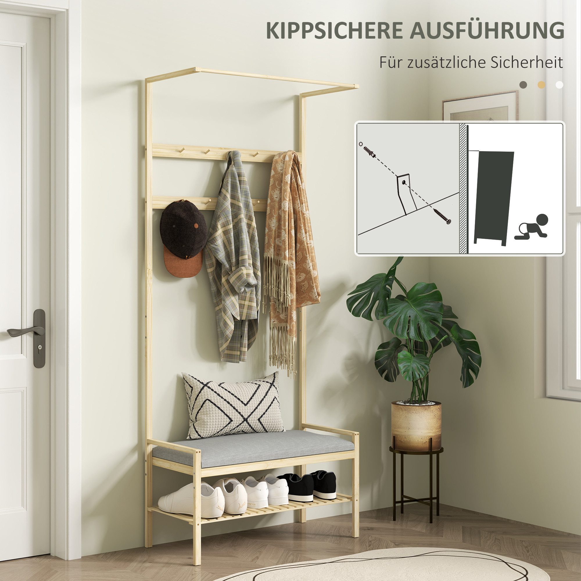 HOMCOM Garderobenständer Garderobe mit Schuhbank, Haken, Schuhregal, (Kleiderständer, 1 St., Jackenständer), für Eingangsbereich, Flur, Bambus, Natur