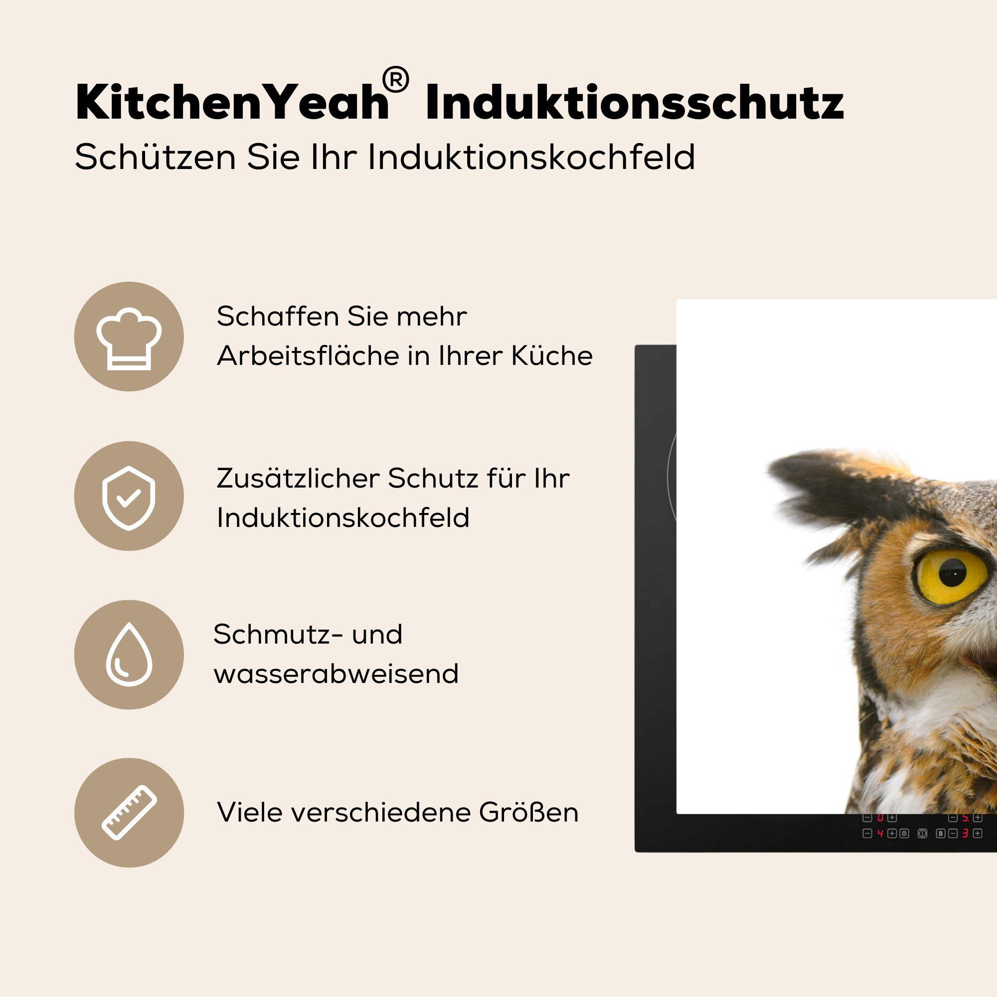 Schutz Eule (1 küche, Herdblende-/Abdeckplatte Vinyl, MuchoWow Porträt, Ceranfeldabdeckung - Induktionskochfeld für Vogel 81x52 die - tlg), cm,