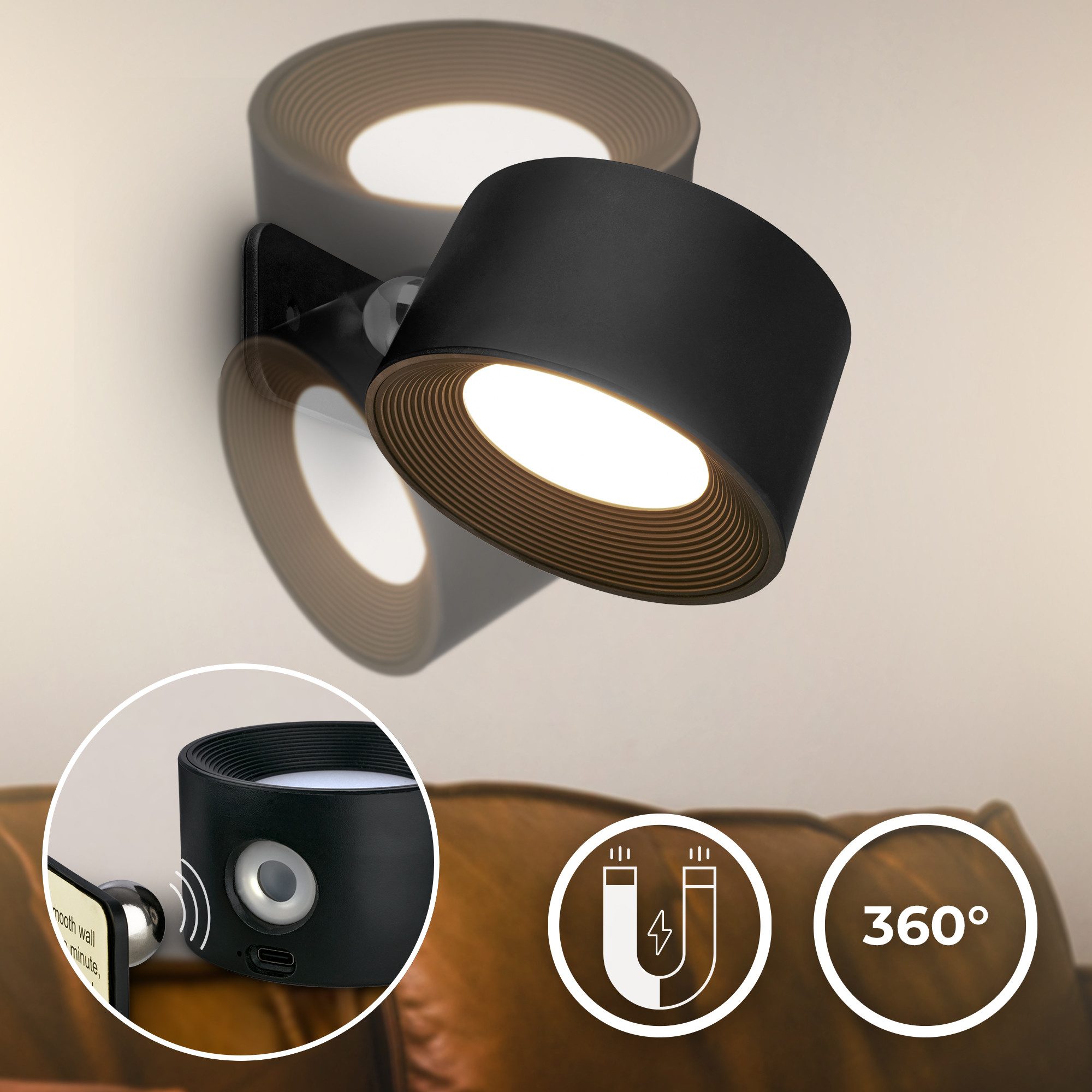 B.K.Licht LED Wandleuchte BKL1597 Magnetische Akku Wandlampe, 3-Stufen Dimmer, mit USB-C, CCT - über Fernbedienung, LED fest integriert, Tageslichtweiß, CCT-Fun – Bild 4 von 5