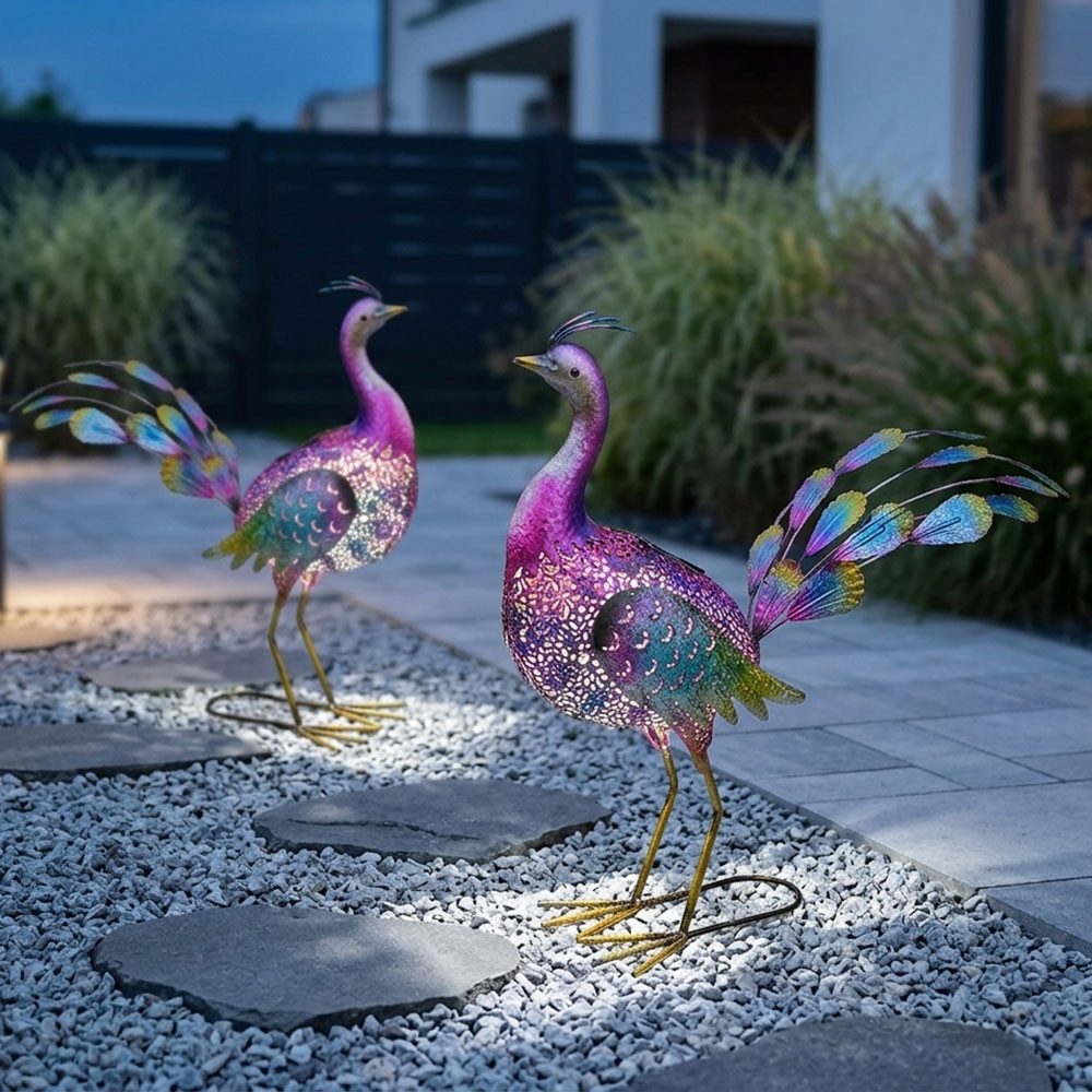 Harms Import LED Dekofigur, LED-Leuchtmittel fest verbaut, 2x LED Solar Außen Dekoleuchte Pfau Gartendeko Gartenfigur Dekoleuchte