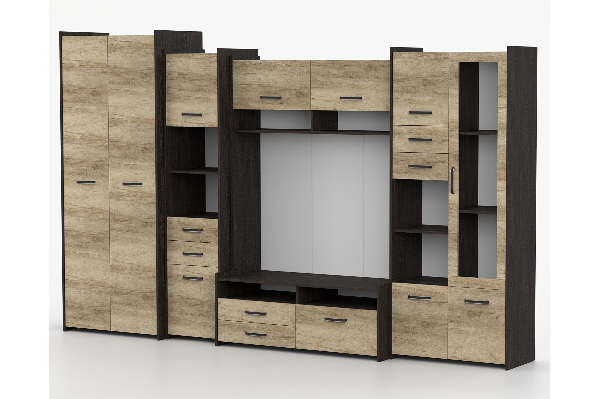 Deine Möbel 24 Wohnwand MAURO S 310 cm – Große moderne Wohnzimmerschrankwand, (Set, 1-St., Eiche Canterbury / Eiche Country Grey, Wohnwand mit viel Stauraum), mit TV-Board, Vitrine, Schrank und Regalen