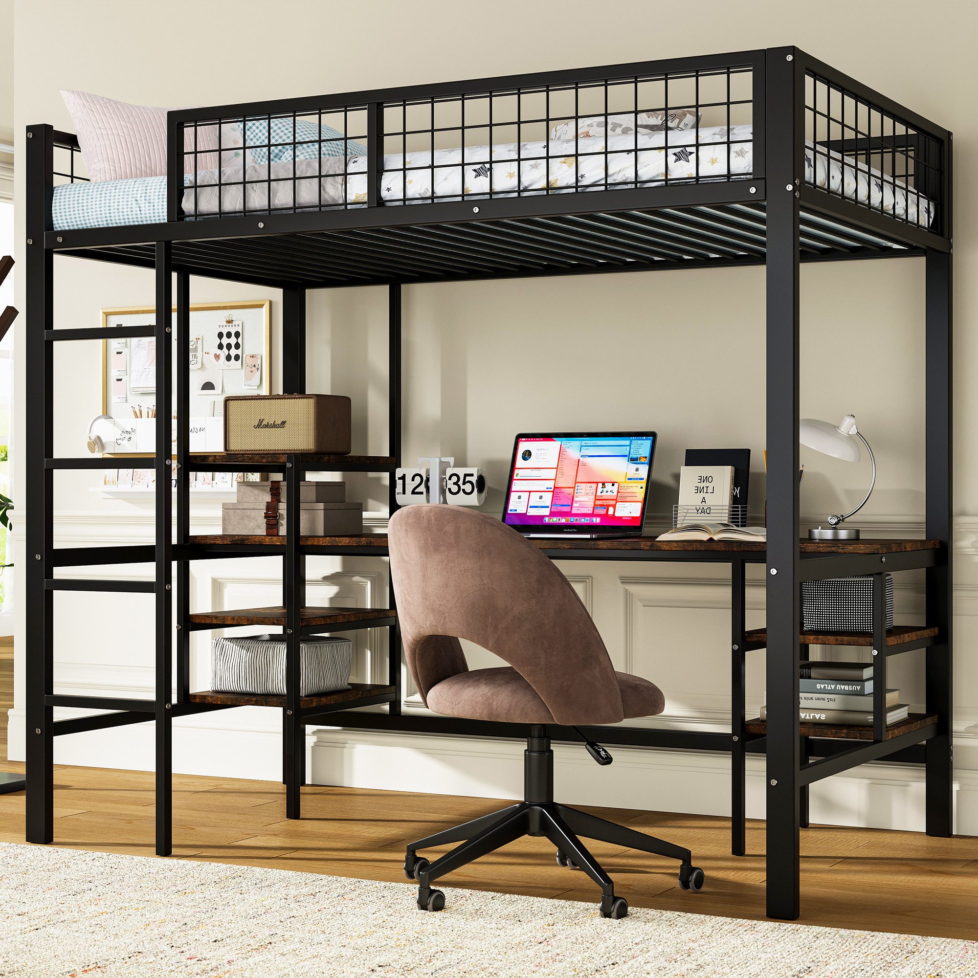 Flieks Hochbett Metallbett Kinderbett 90x200cm mit Tisch Regal und vierstuf günstig online kaufen