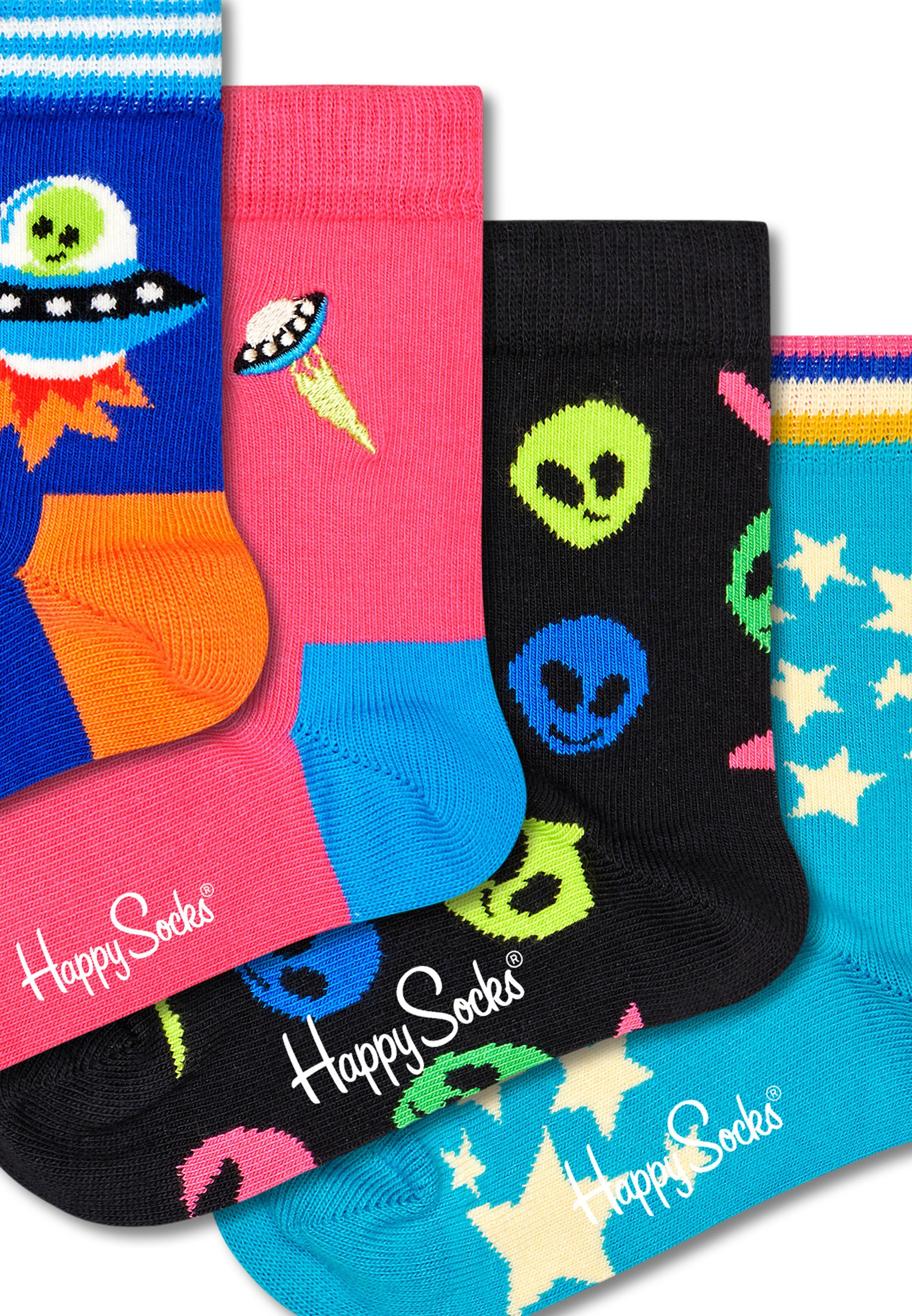 4 4-Paar) Langsocken 4 - Geschenkbox Socken in Happy Paar Space - Box einer Kids bunte Socks Baumwolle Geschenk Paar Socken (Spar-Set,