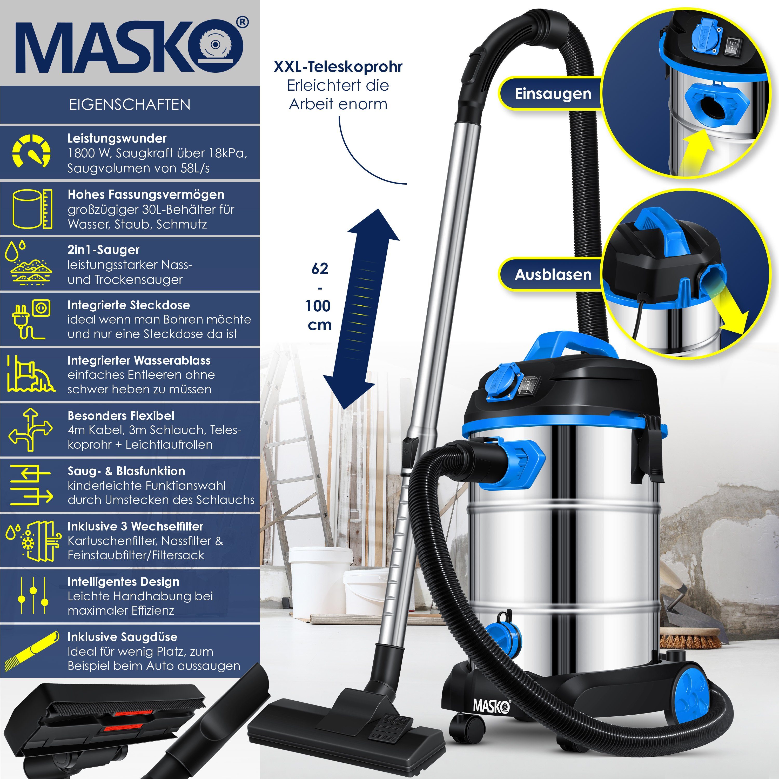 MASKO Industriesauger, 1800 W, Industriestaubsauger Staubsauger Nass Trocken Sauger Edelstahl