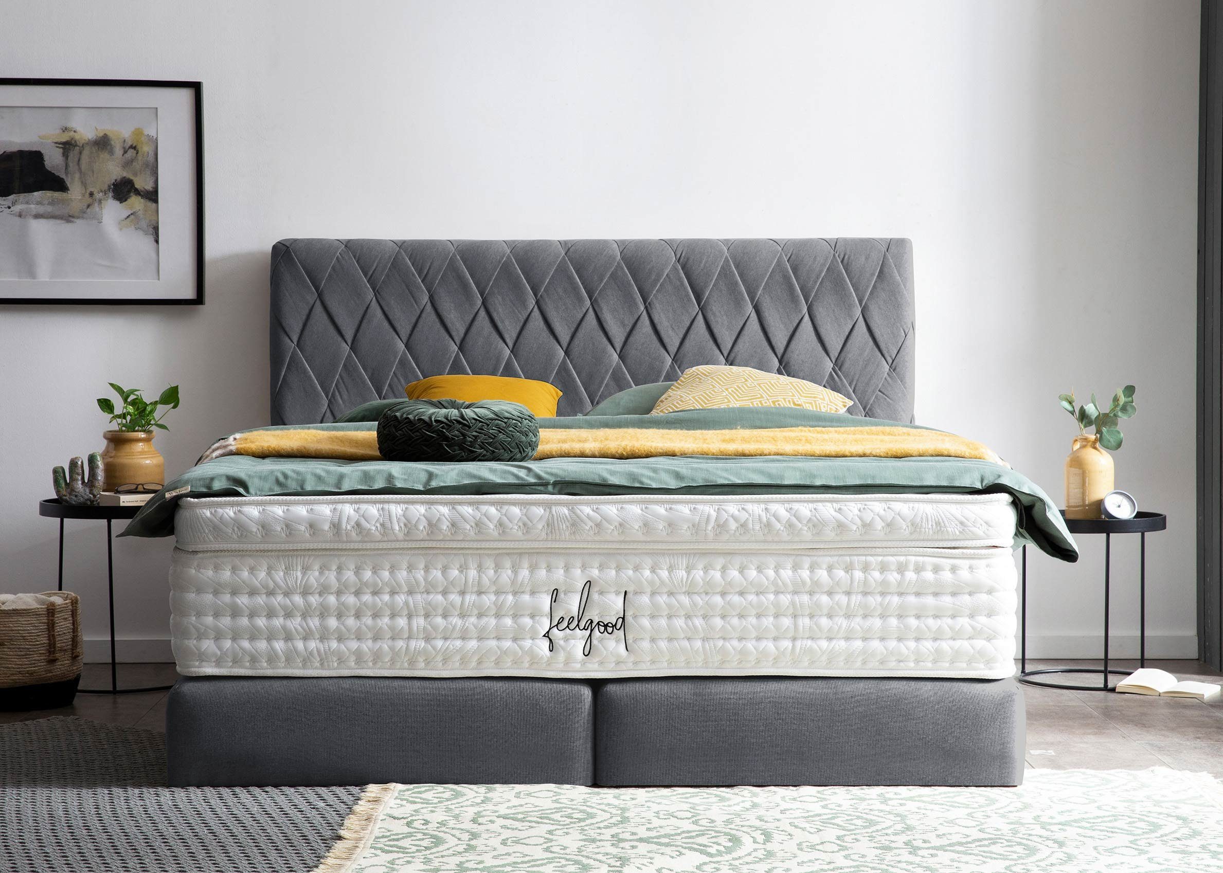 BettCo Boxspringbett Lyon (in Anthrazit Webstoff, 200 x 200 cm), Kopfteil handgeflochten + optionaler Topper, Gleiterfüße