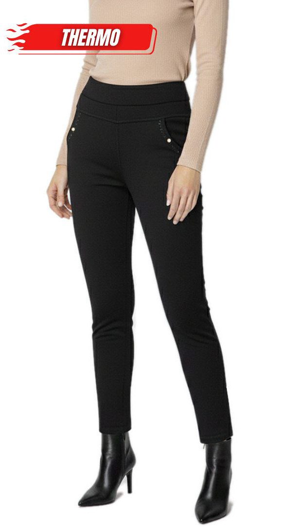 dy_mode Thermohose Damen Thermohose mit Innenfutter Schwarze Winterhose mit Glitzer in Unifarbe, Middel Waist, mit Innenfutter,it elastischem Bund