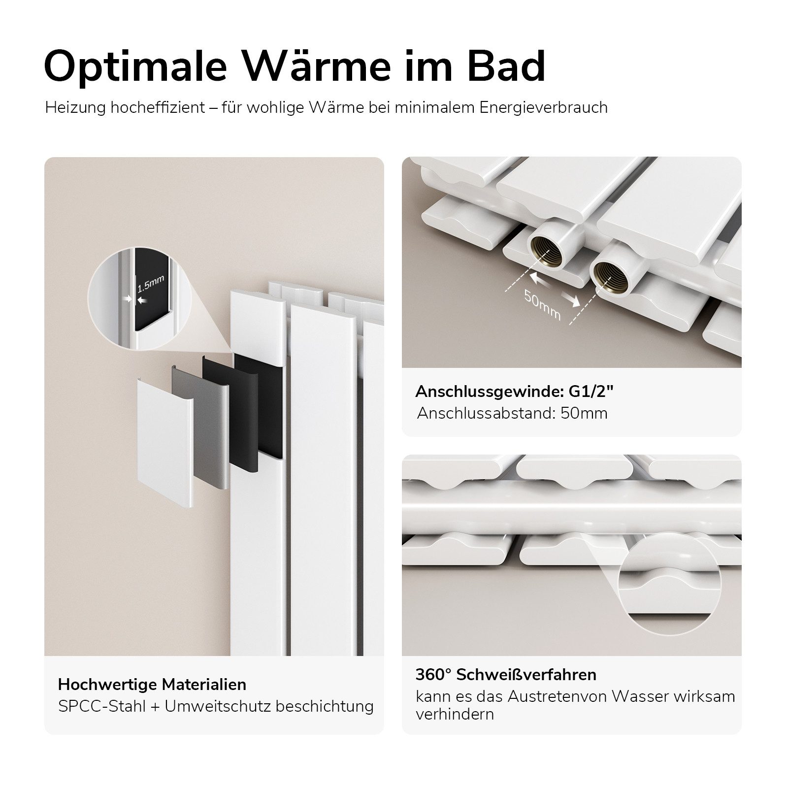 EMKE Heizkörper Doppellagig Flach Horizontal Design Paneelheizkörper, Seitenanschluss Weiß 805W für 7qm Raum