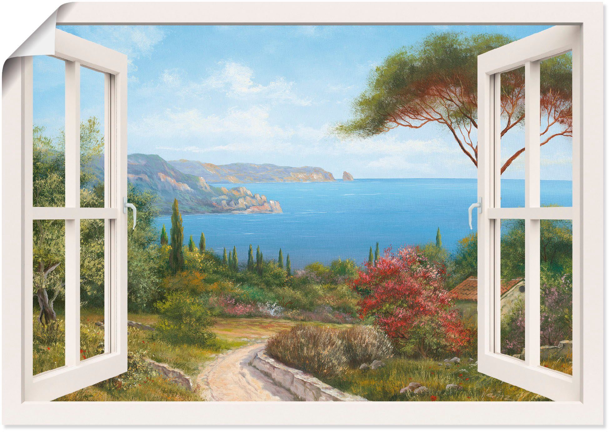 Artland Wandbild Fensterblick - Haus am Meer I, Fensterblick (1 St), als Leinwandbild, Wandaufkleber oder Poster in versch. Größen | Poster