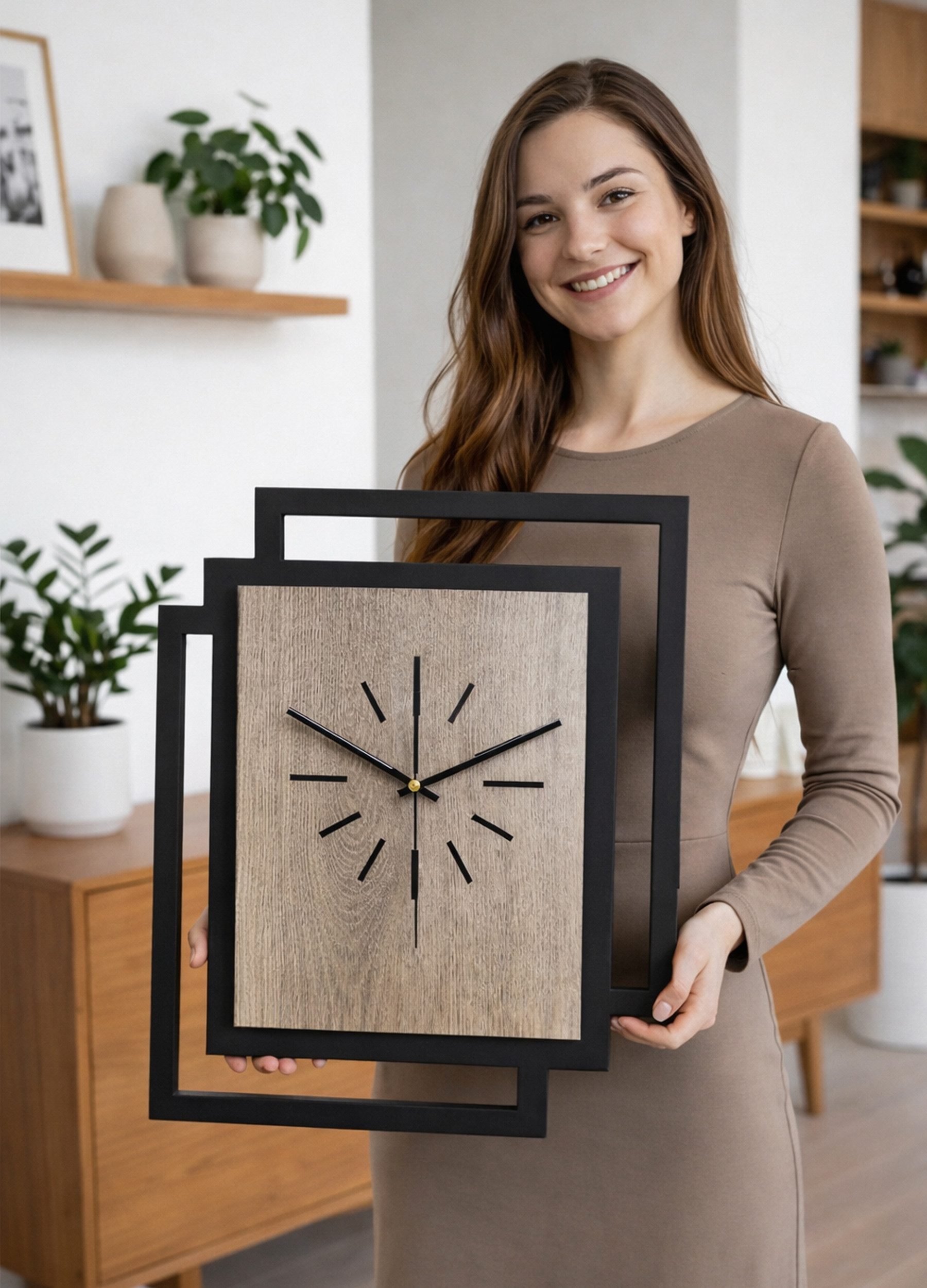 ORNAMENTI Wanduhr Große handgefertigte moderne aus Holz, Hingucker Wanddeko 45 x 55 cm (Rechteckig vertikal ohne Tickgeräusche für Wohnzimmer, ohne Ziffern) – Bild 4 von 5