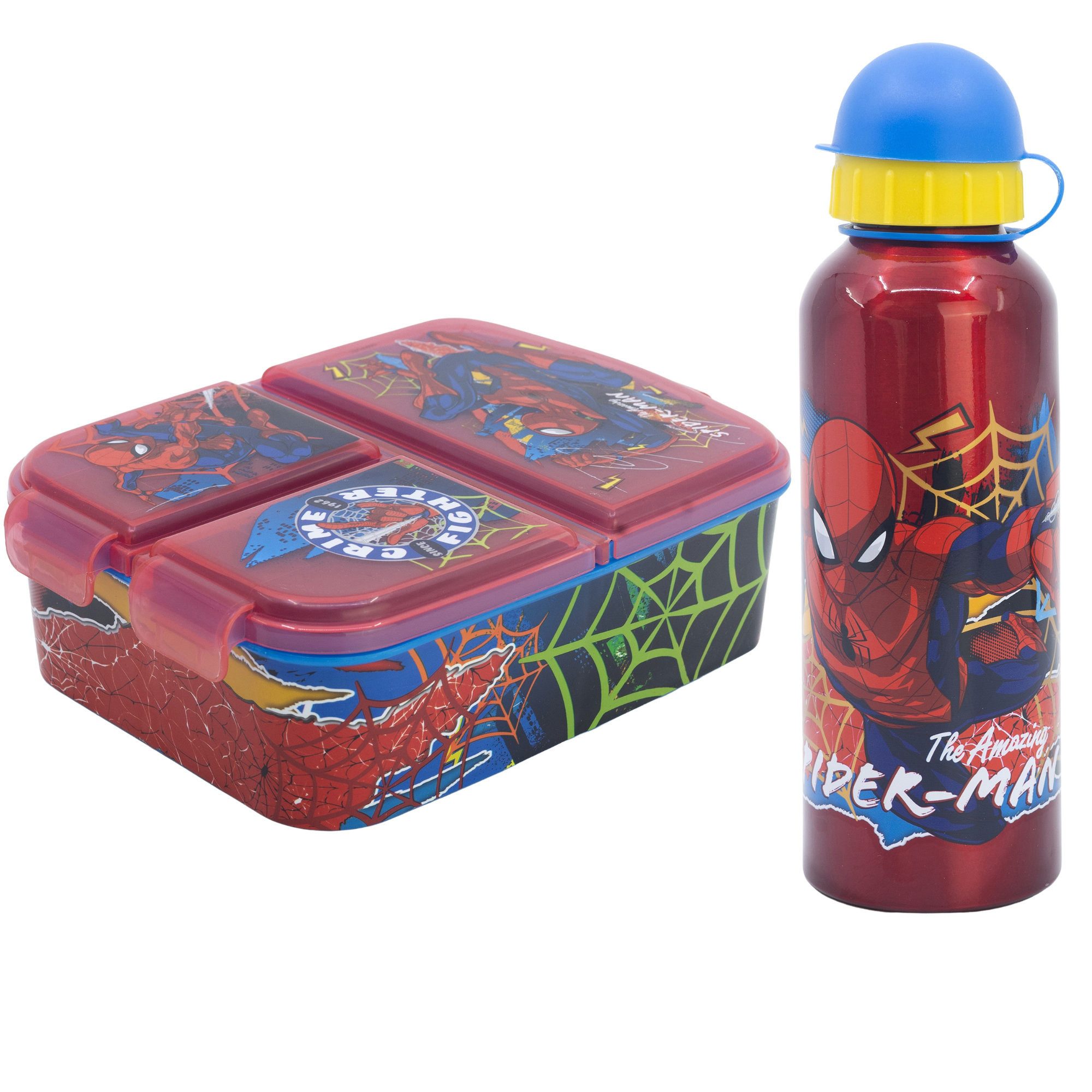 MARVEL Lunchbox Marvel Spiderman 2 tlg Kinder Set 3 Kammern Brotdose Alu Trinkflasche, (Spar-Set, 2-tlg., Spar-Set), 530 ml