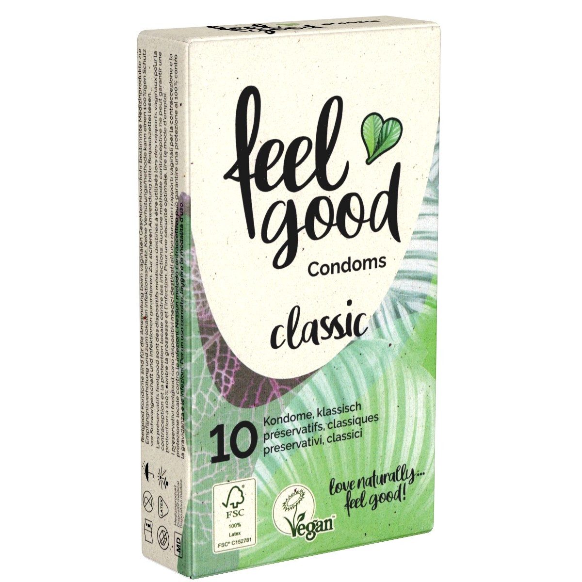 feelgood Condoms Kondome Classic Packung mit, 10 St., Kondome ohne tierische Inhaltsstoffe, vegane, klassische und transparente Kondome