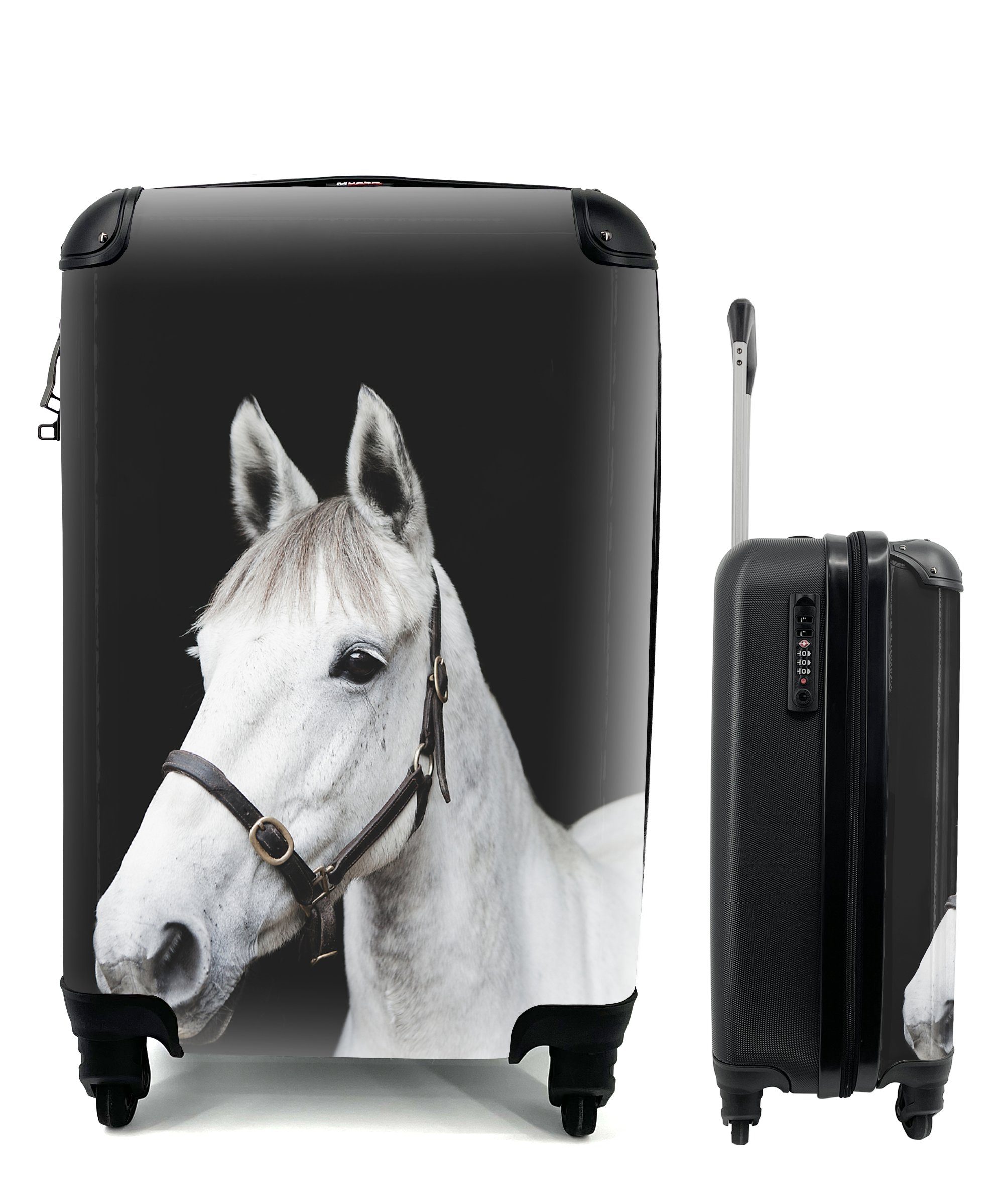 MuchoWow Handgepäckkoffer Pferd - Halfter - Weiß, 4 Rollen, Reisetasche mit rollen, Handgepäck für Ferien, Trolley, Reisekoffer