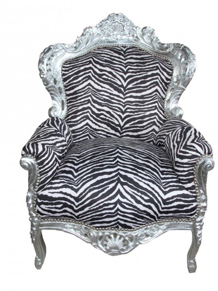 Casa Padrino Sessel Barock Sessel King Zebra / Silber - Antik Stil Möbel