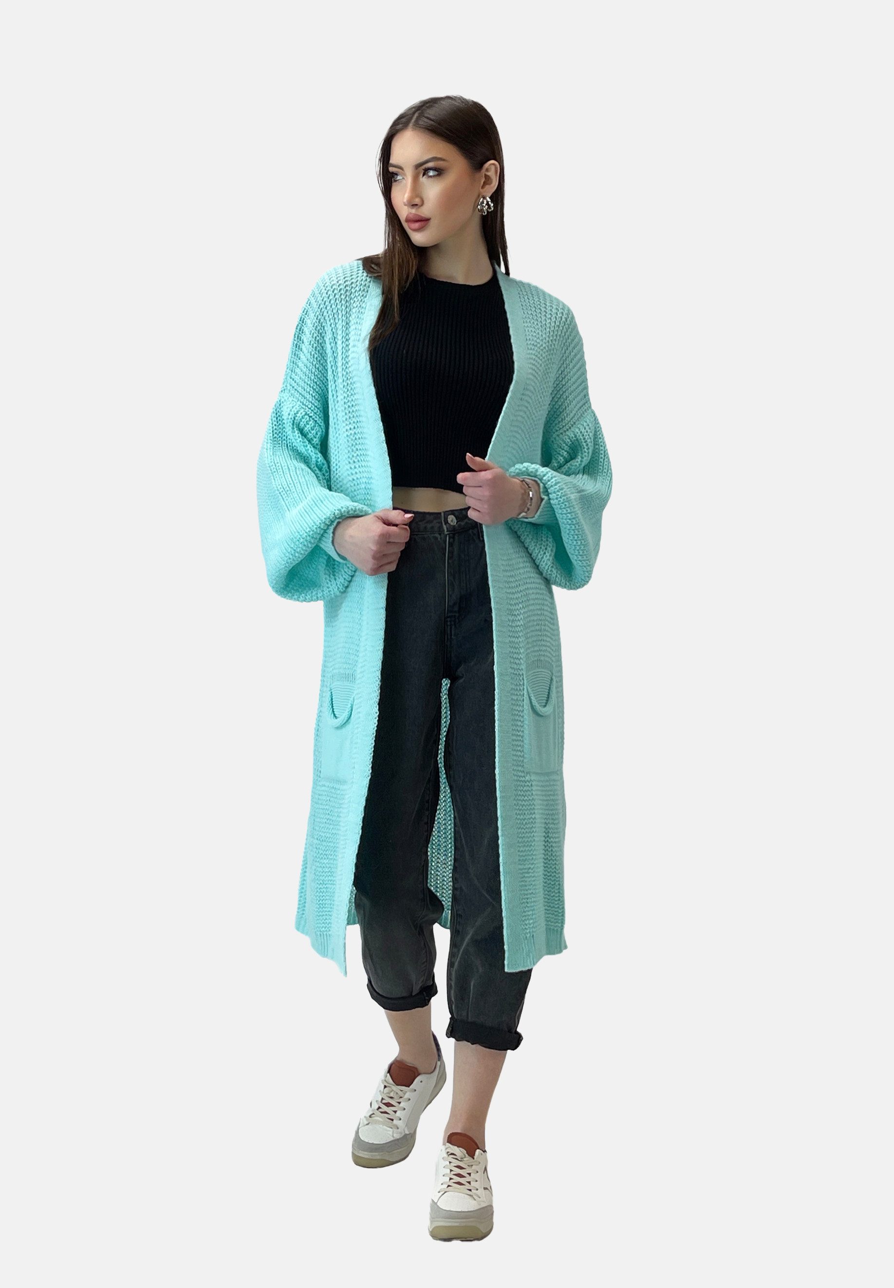 Elara Cardigan — Damen Long-Strickjacke One Size mit Taschen und Ballonärmeln