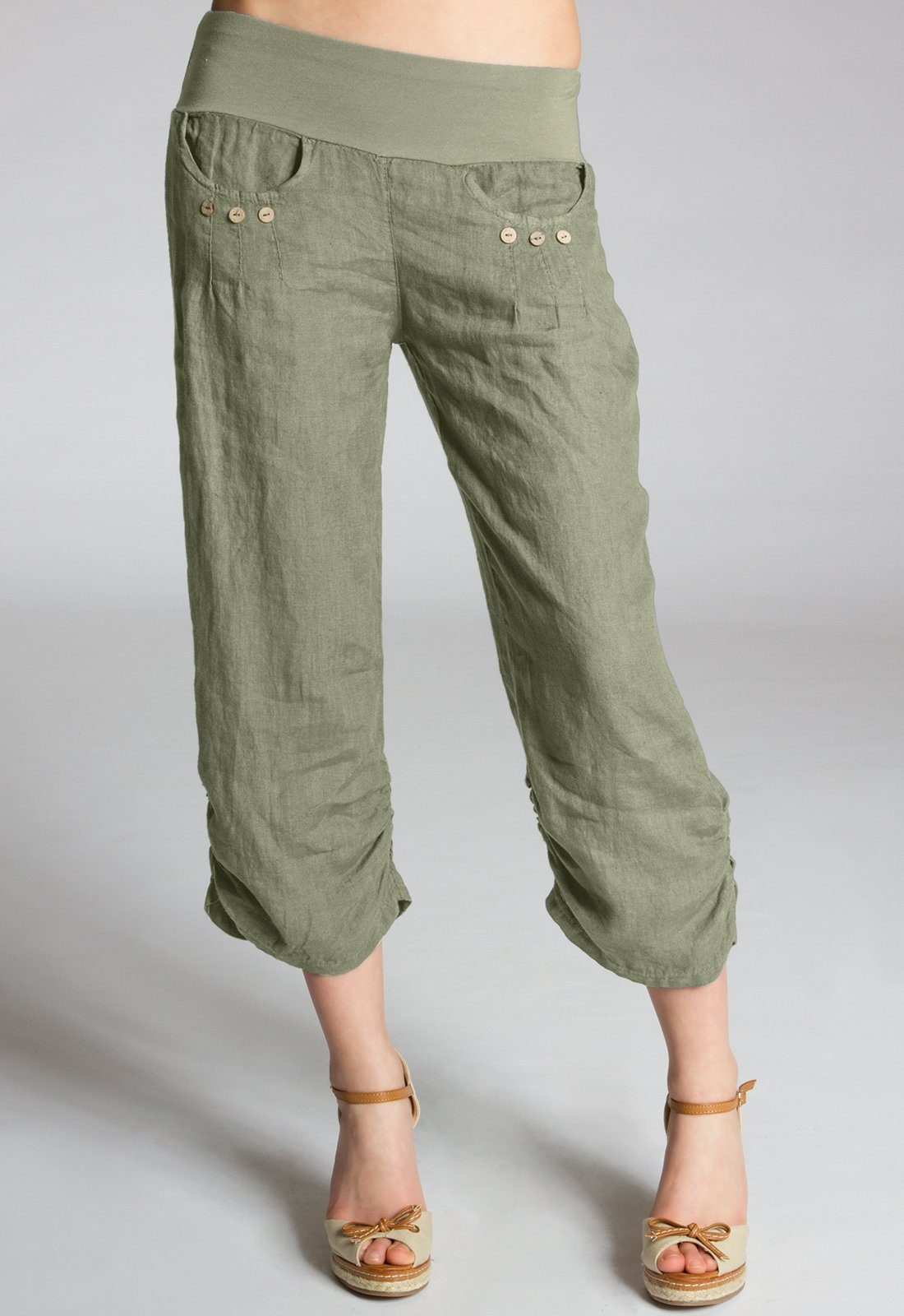Caspar Leinenhose KHS017 Damen 3/4 Hose aus robustem Leinen mit breitem Stretch Bund - Made in Italy