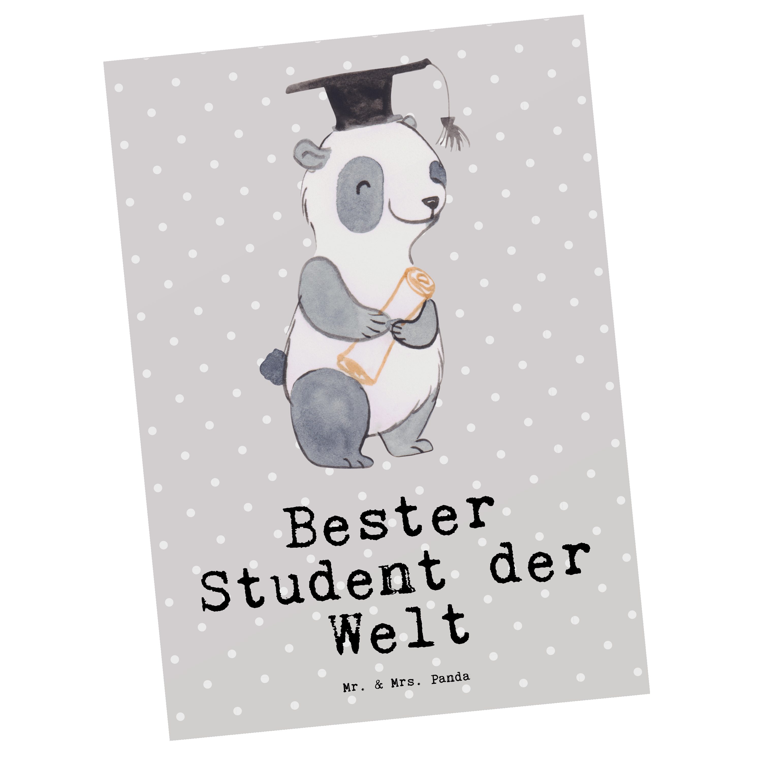 Mr. & Mrs. Panda Postkarte Panda Bester Student der Welt - Grau Pastell - Geschenk, Uni, Grußkar