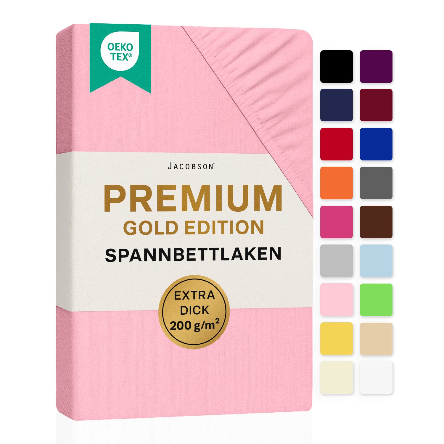 Jacobson Spannbettlaken PREMIUM 200 g/m² Jersey aus 97% Baumwolle & 3% Elasthan, Extra dichtes Bettlaken mit maximalem Halt – OEKO-TEX®
