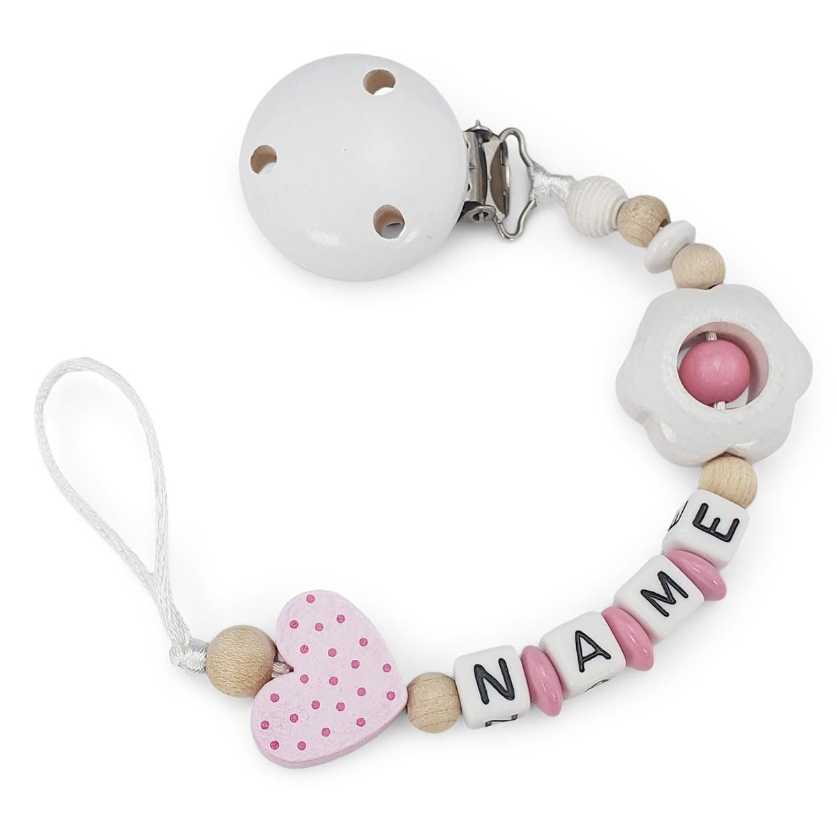 kleinerStorch Schnullerbefestigung Baby Schnullerkette personalisiert mit Namen, Mädchen Nuckelkette für Schnuller - Blume & Herz in rosa