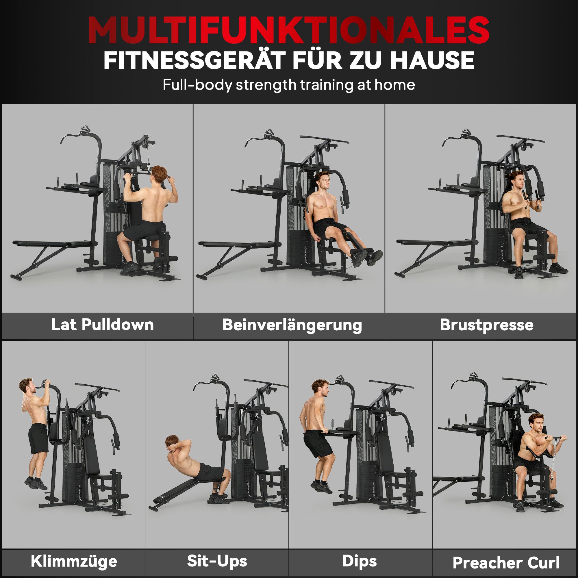 SPORTNOW Kraftstation mit Latzug, Butterflystange, 69kg Gewichten, Seil, verstellbar Bank, 12 Gewichtsblöcke (Fitnessstation, 1-tlg., Multistation), bis zu 120kg belastbar, für Zuhause