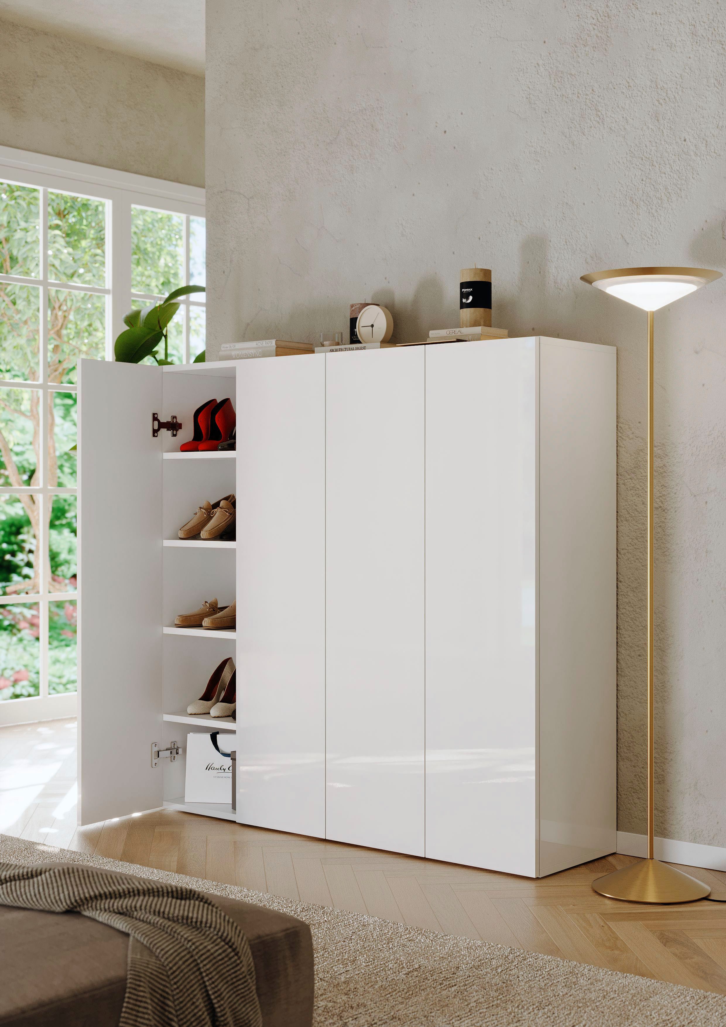 OTTO home Schuhschrank SMILE Breite 124 cm, Höhe 114 cm, Schuhregal mit 5 Ebenen, 10 Fächer, Schuhkommode in Weiss Hochglanz Lack – Bild 4 von 5