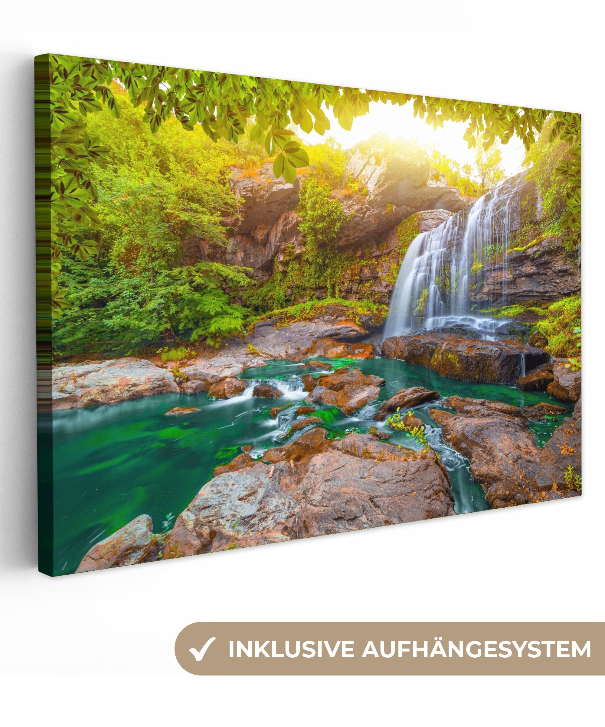 OneMillionCanvasses® Leinwandbild Natur - Wasserfall - Pflanzen - Bäume - Sonne, Fotodruck (1 St), Leinwand Bilder Klein, Wand Dekoration Aesthetic 30x20 cm